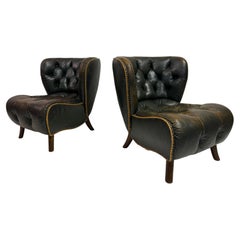 Pair of Rare 1940s Danish Lounge Slipper Chairs in Green Patinated Leather