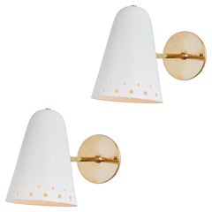 Pair of Rare 1950s Robert Mathieu Perforated White Metal and Brass Wall Sconces