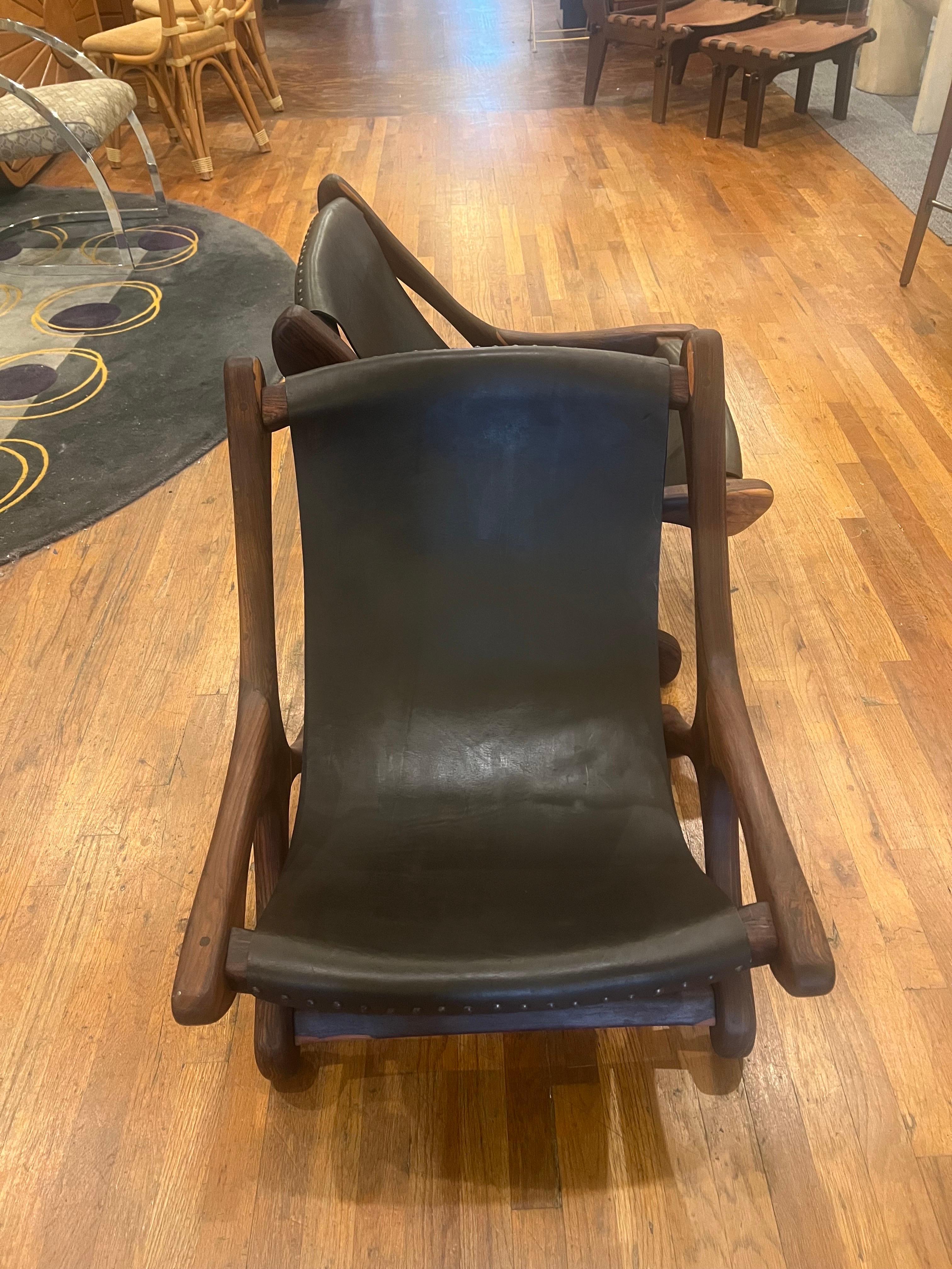 Mexican Pair of rare 1950's Rosewood & Leather Sling Chairs by Don Shoemaker For Sale