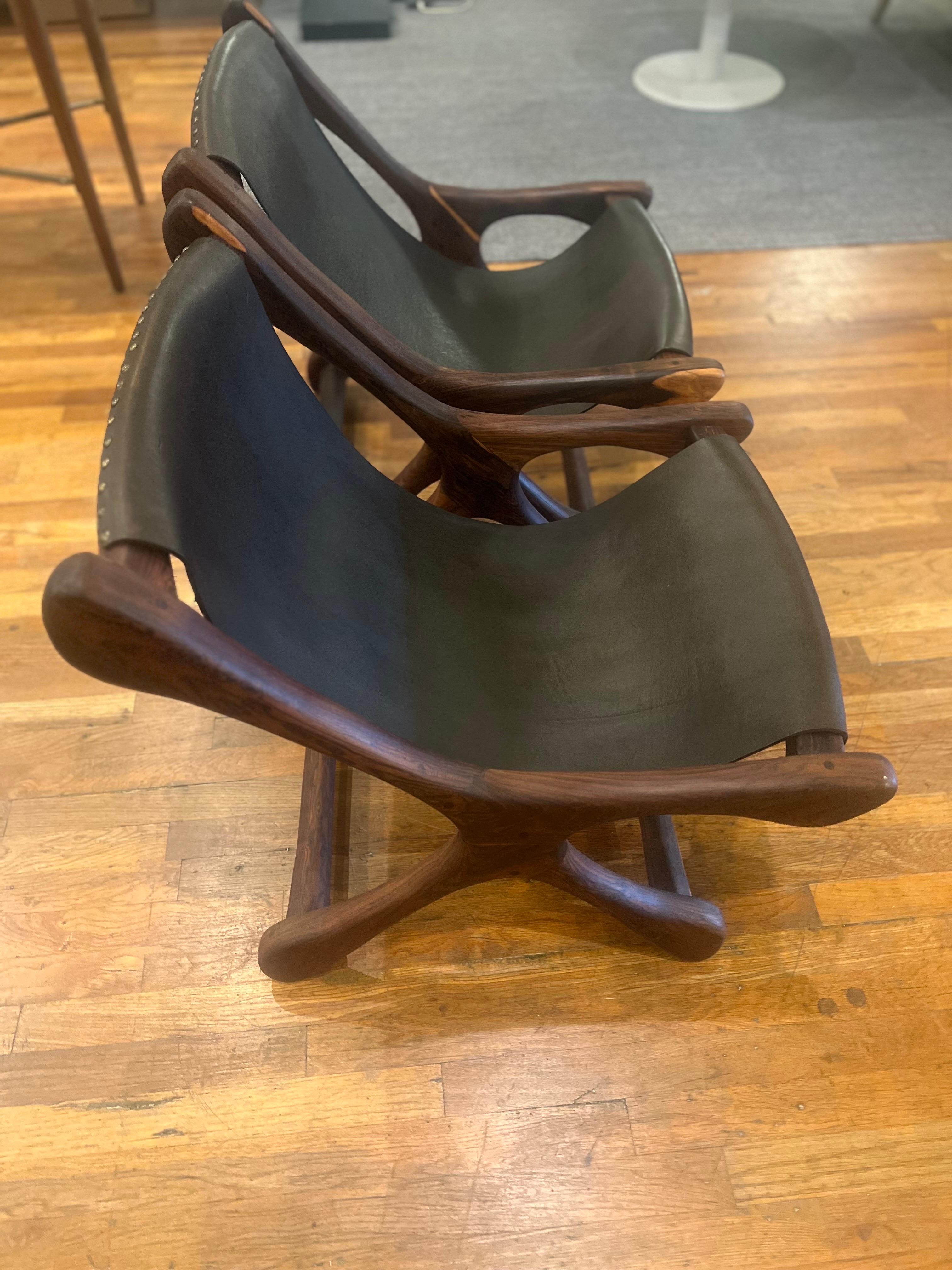 20th Century Pair of rare 1950's Rosewood & Leather Sling Chairs by Don Shoemaker For Sale