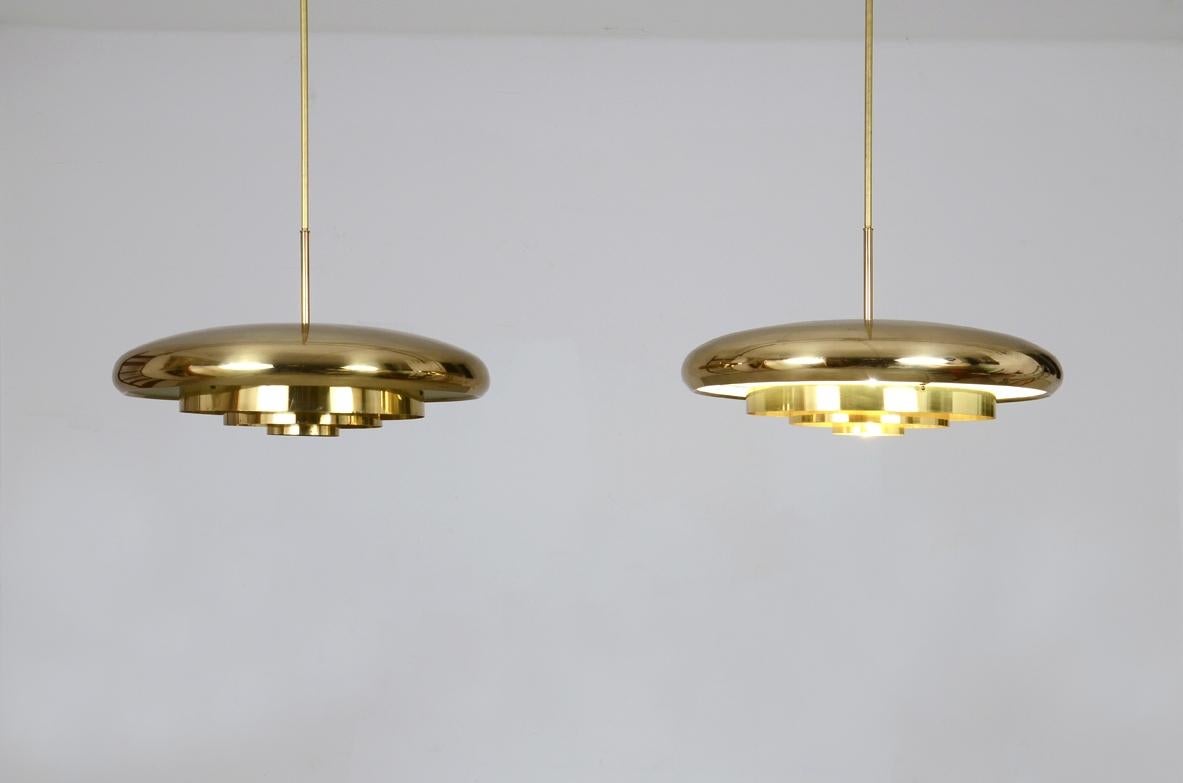 Pair of rare 1960's ceiling lamps with a large shaped brass shade In Excellent Condition In Milano, IT