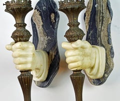 Pair of Rare 19th Ct. French Marble Hand and patinated metal Torch Wall Sconces