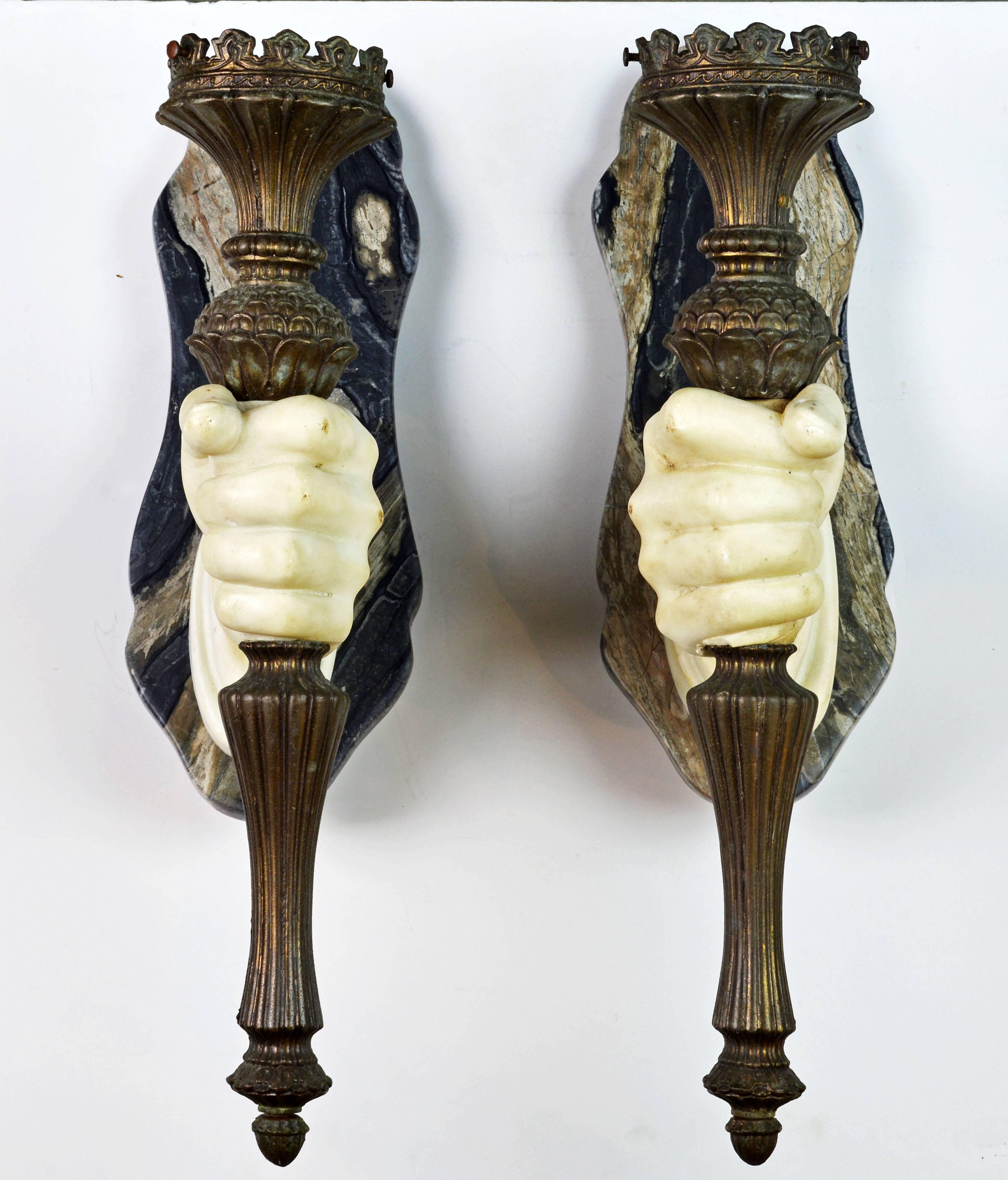Neoclassical Pair of Rare 19th Ct. French Marble Hand and patinated metal Torch Wall Sconces