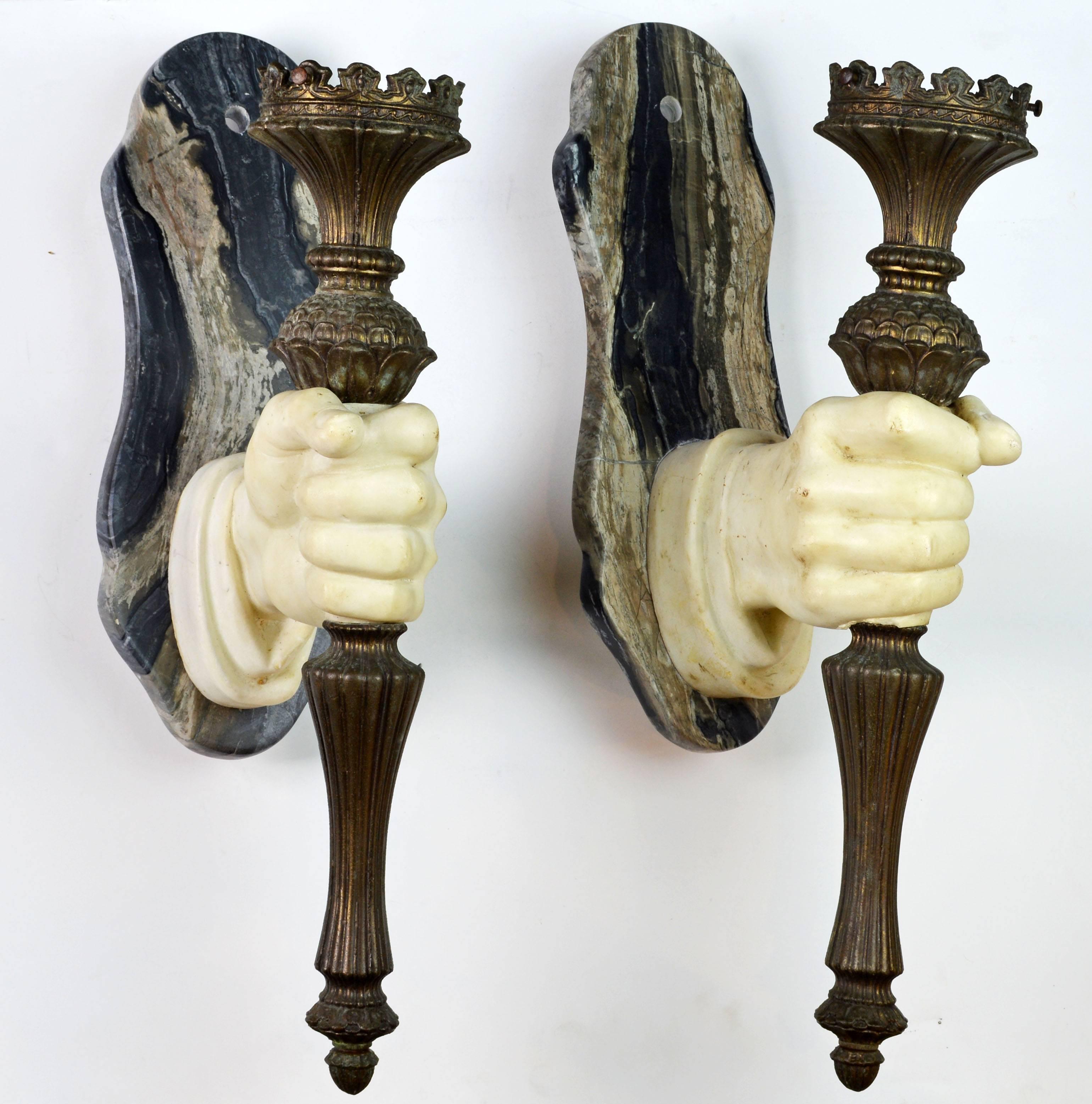 Carved Pair of Rare 19th Ct. French Marble Hand and patinated metal Torch Wall Sconces