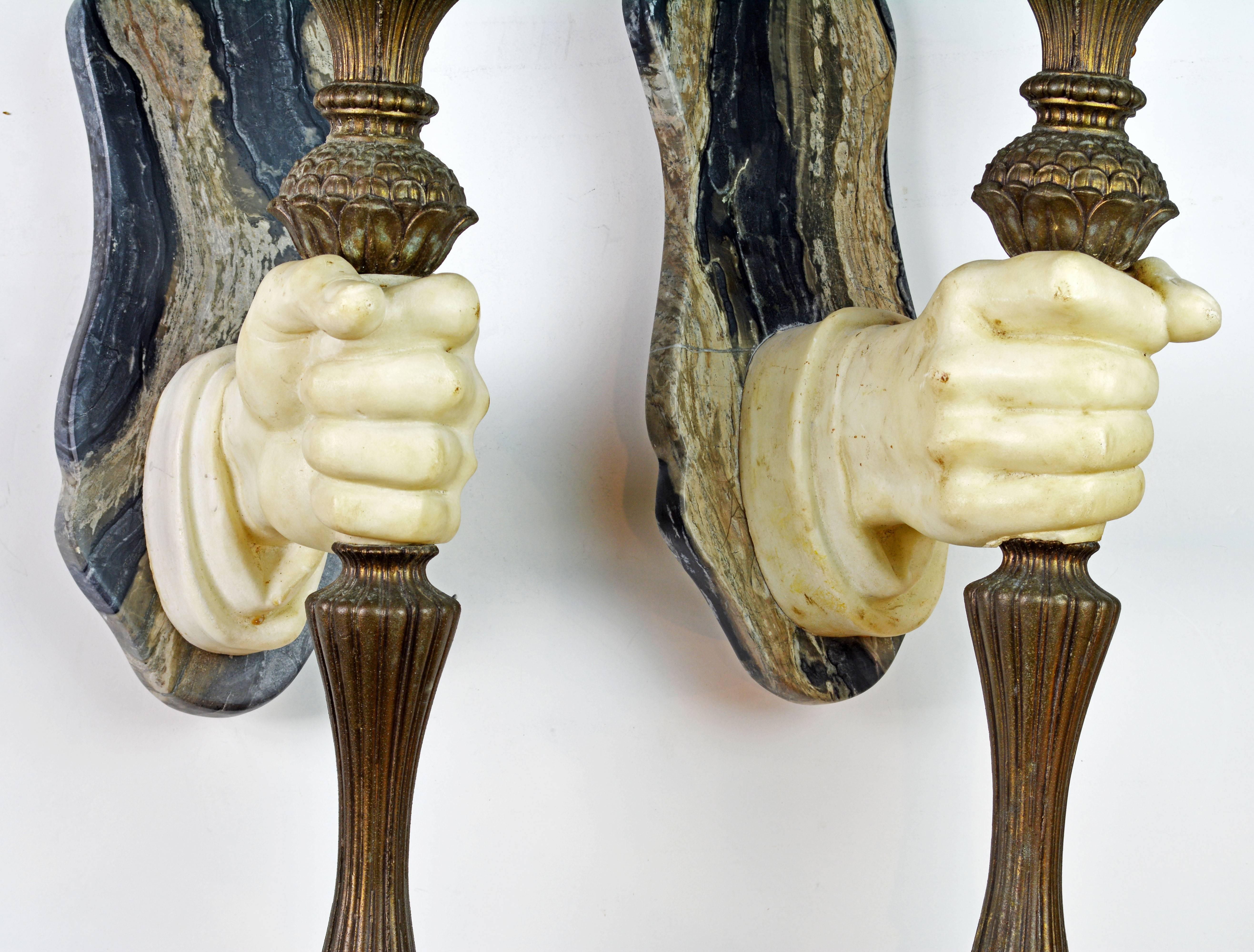 Pair of Rare 19th Ct. French Marble Hand and patinated metal Torch Wall Sconces In Good Condition In Ft. Lauderdale, FL