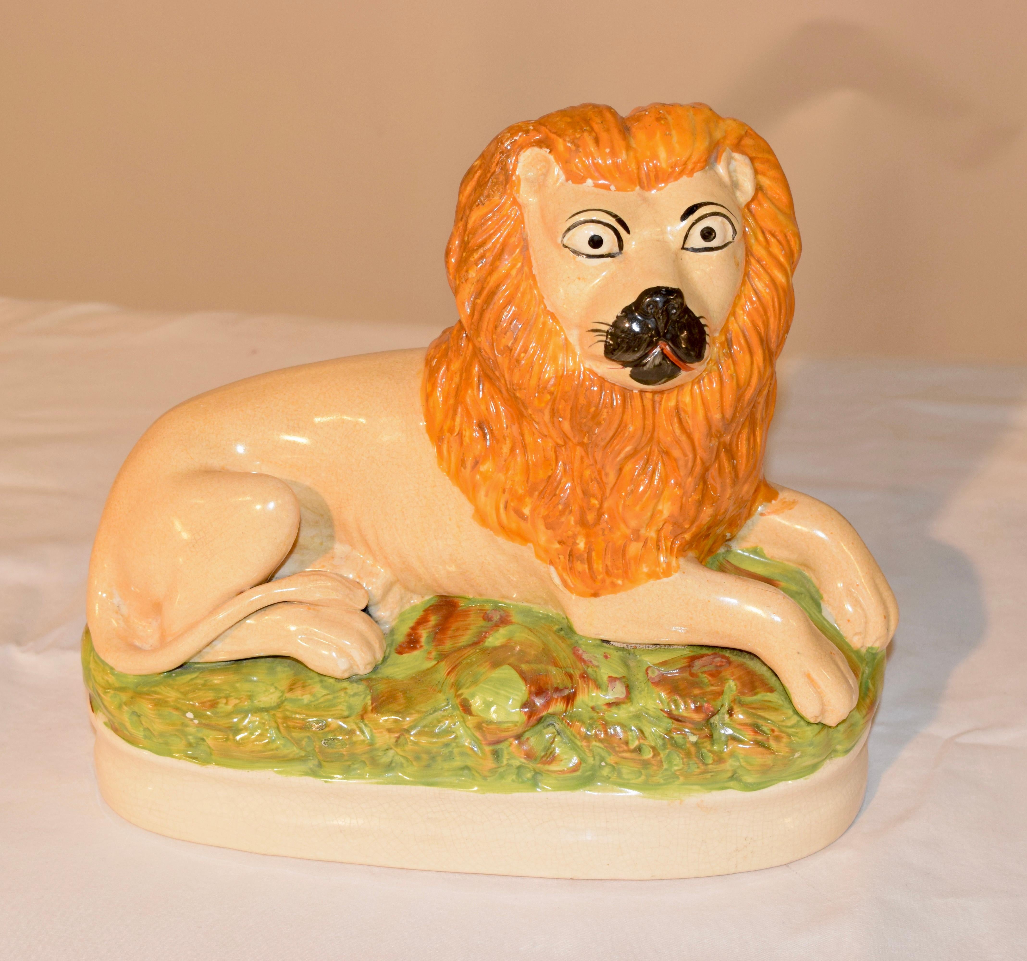 English Pair of Rare 19th Century Staffordshire Lions For Sale