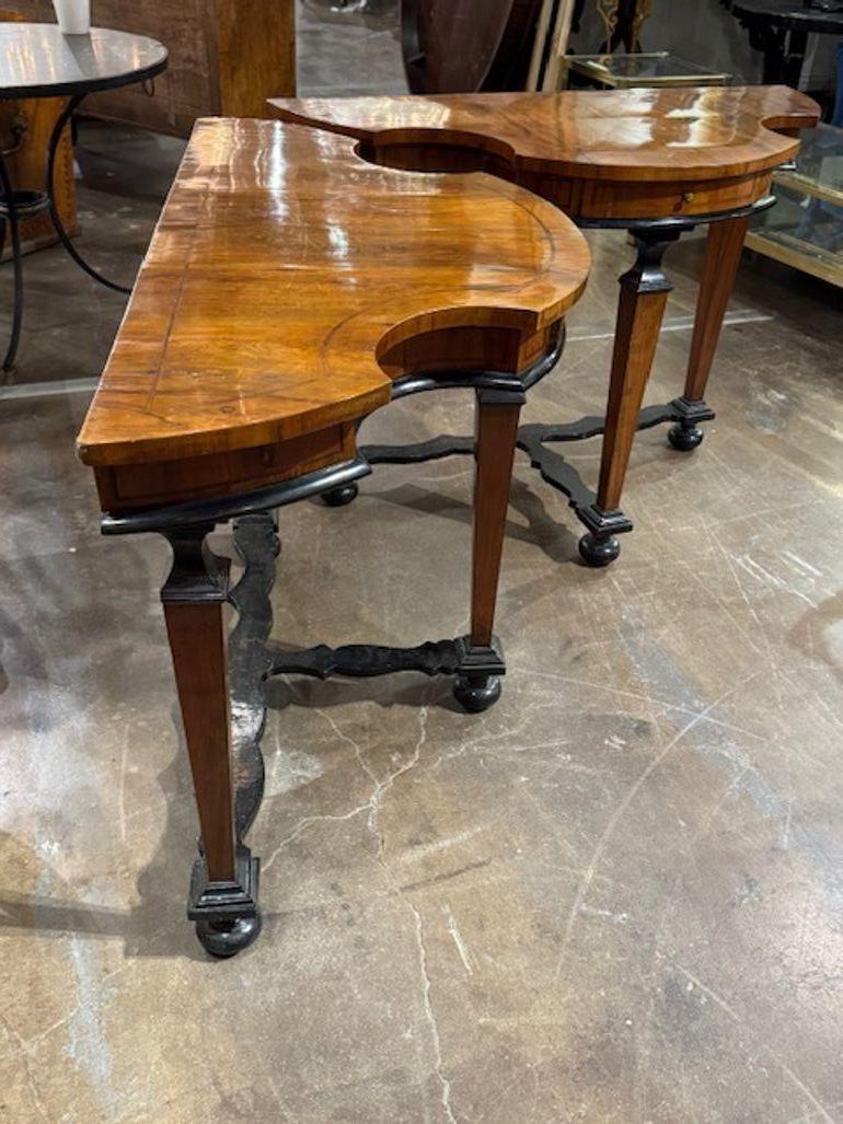 Ces rares consoles Biedermeier en noyer et ébène du XIXe siècle sont un ajout unique et élégant à toute maison.  Avec leur design élégant et leur riche finition en noyer, ces tables exsudent un sens de l'histoire et de la sophistication.  Cette