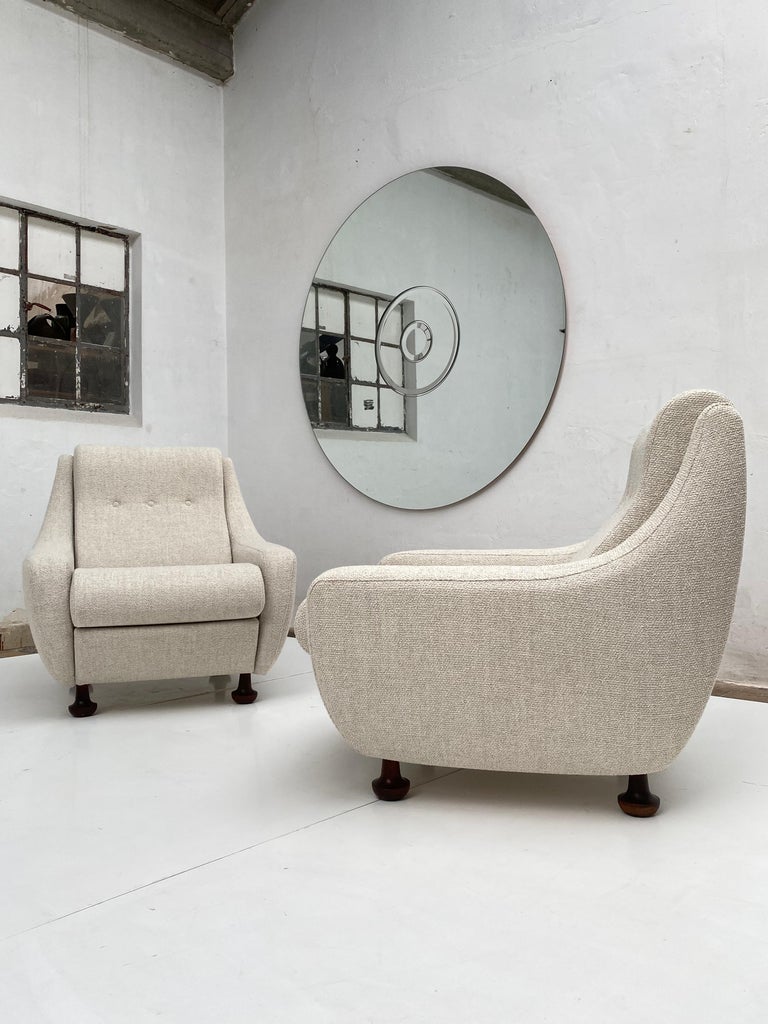 Pair of rare 1960's organic curved lounge chairs by Airborne France fully restored with new foam and De Ploeg 'Monza' Boucle upholstery

These chairs are ready for use

The chairs are quite heavy and one chair still has its original Airborne