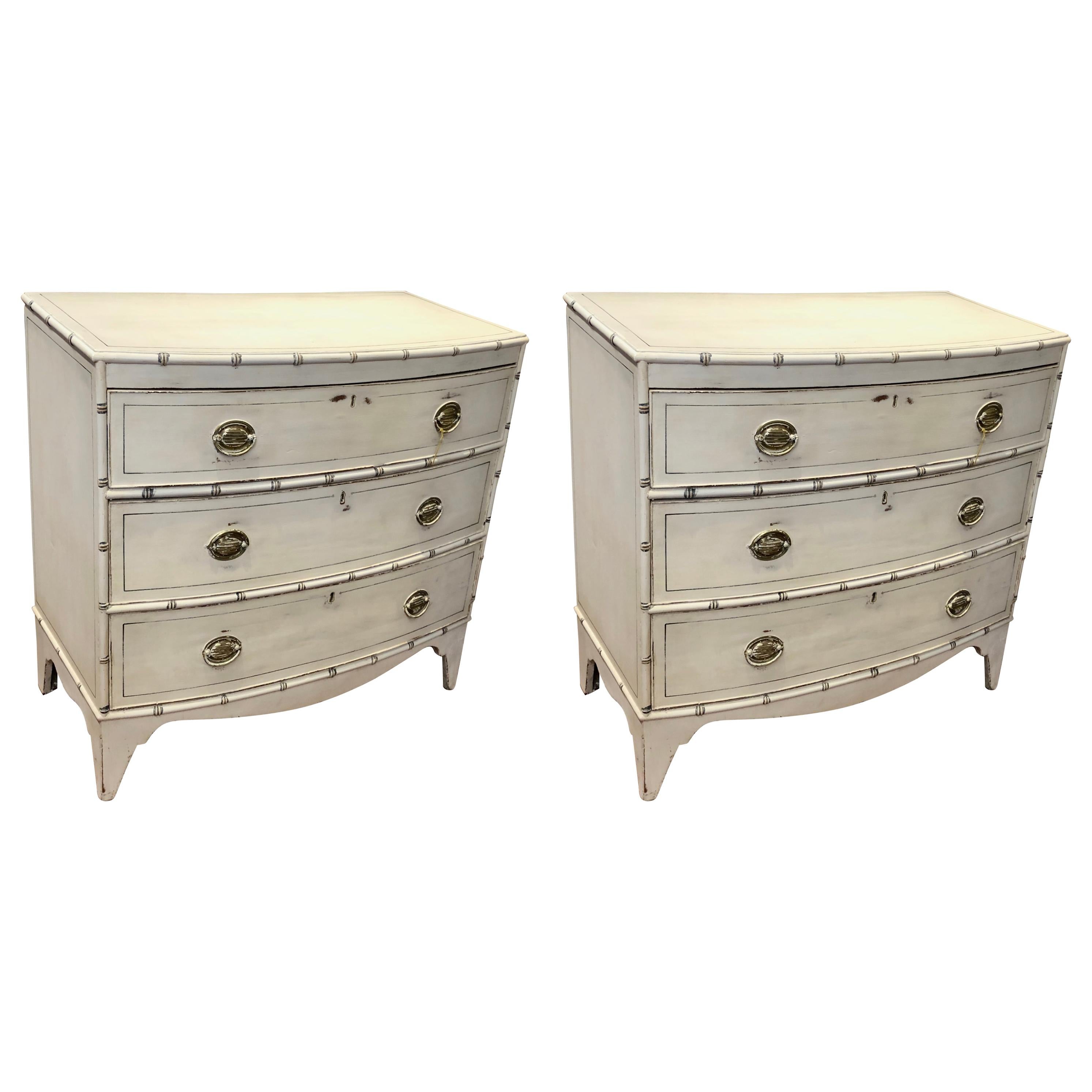 Rare Near Pair Antique English Painted Regency Faux Bamboo Edge Bowfront Chests