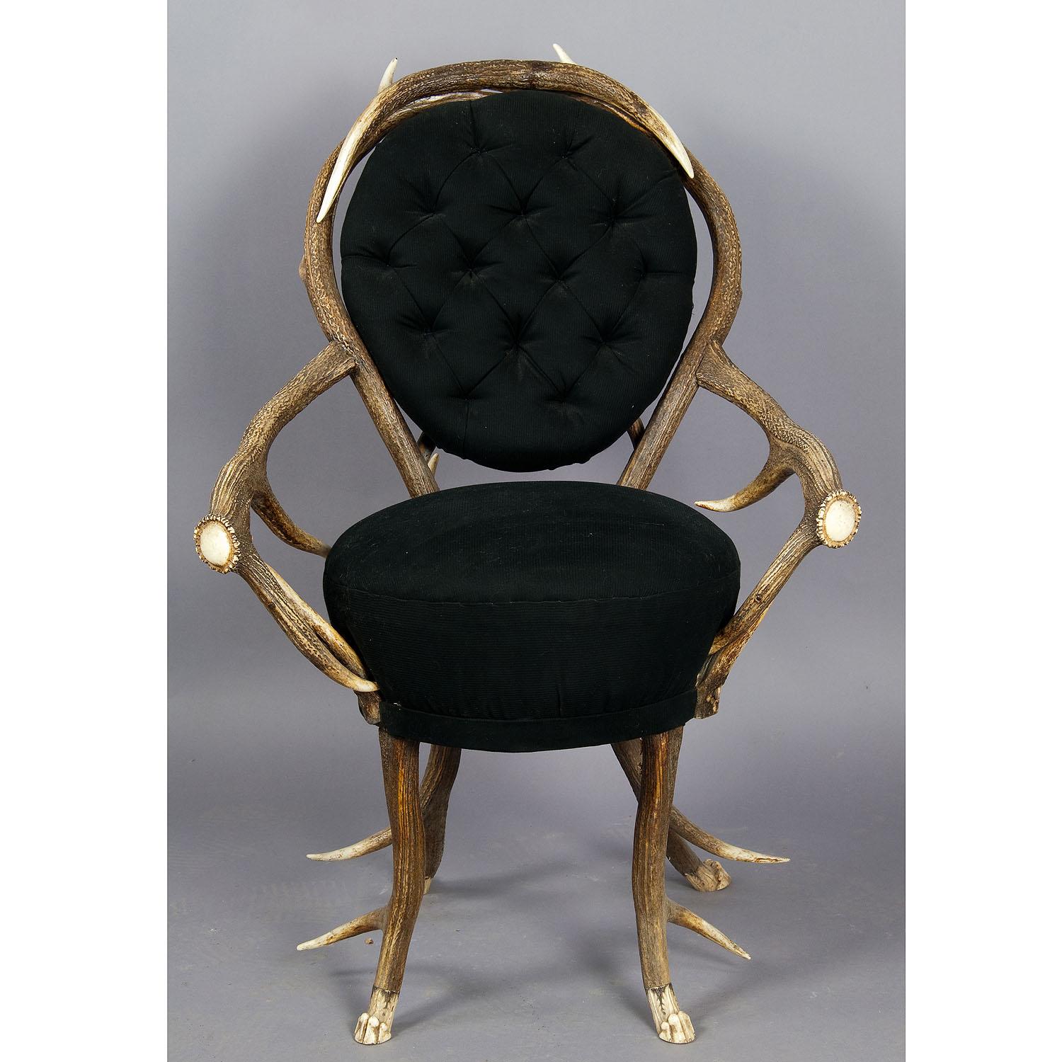 Black Forest Pair of Rare Antler Parlor Chairs, French, ca. 1860 For Sale