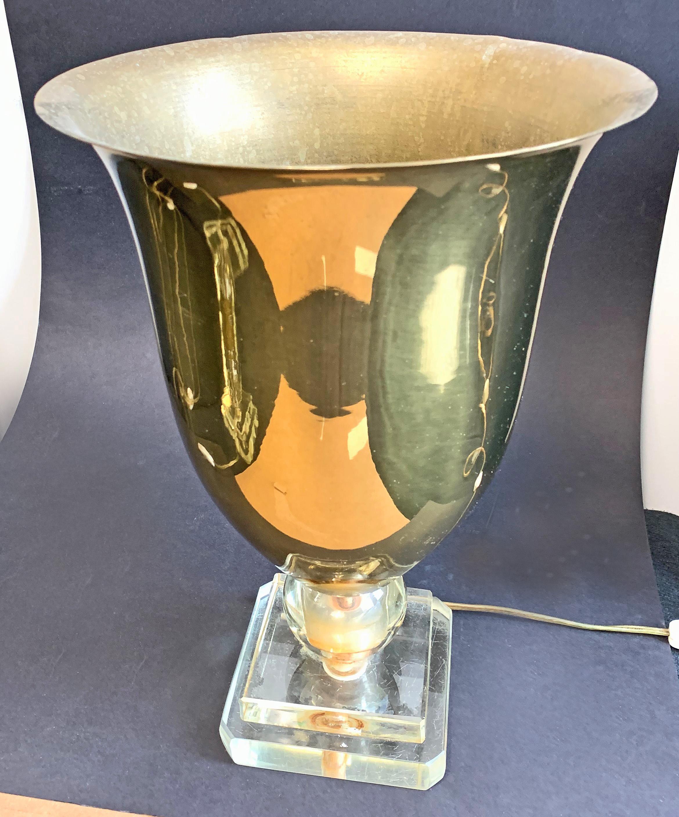 Pair of Rare Art Deco Table Torcheres, Brass, Glass and Lucite In Good Condition For Sale In Philadelphia, PA