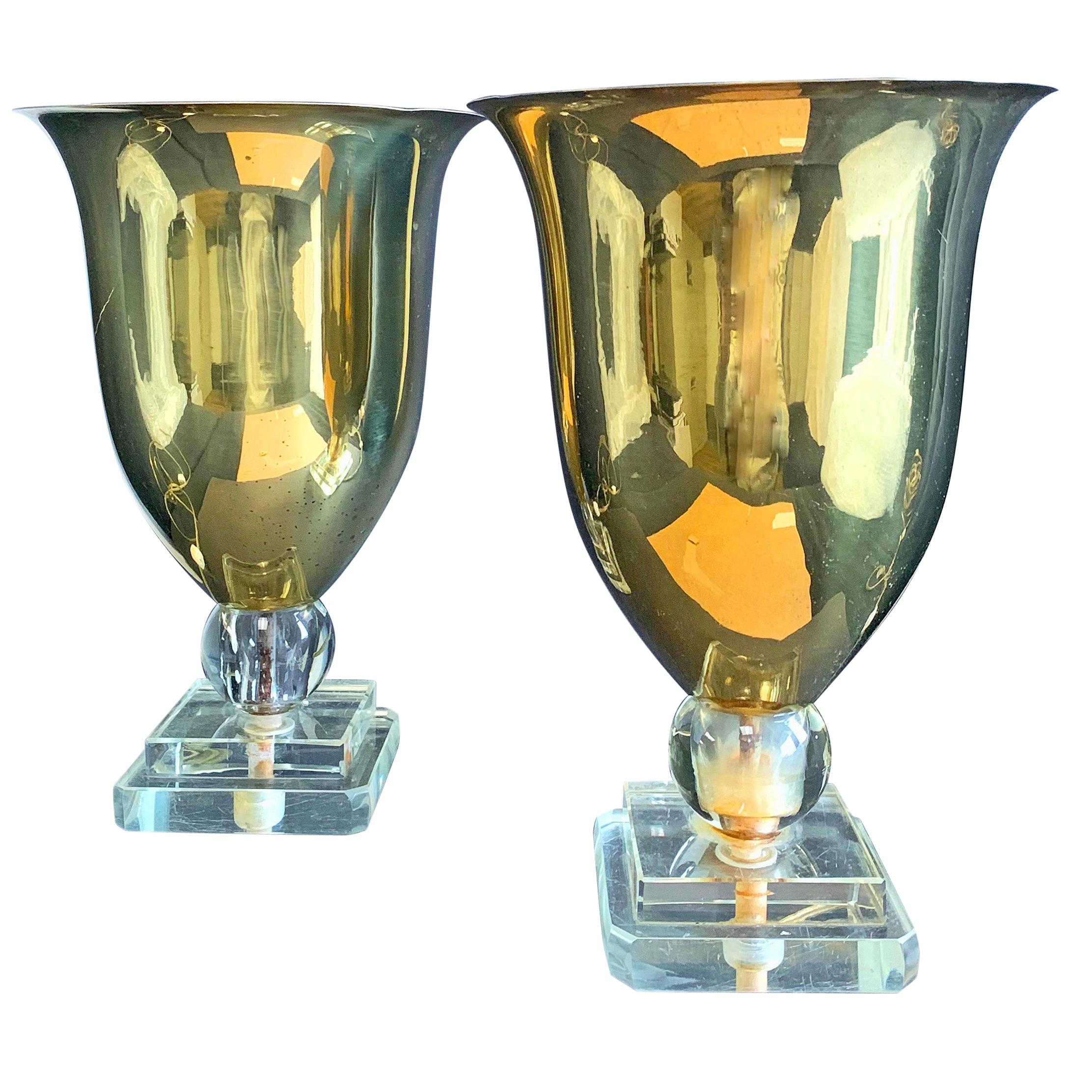 Pair of Rare Art Deco Table Torcheres, Brass, Glass and Lucite