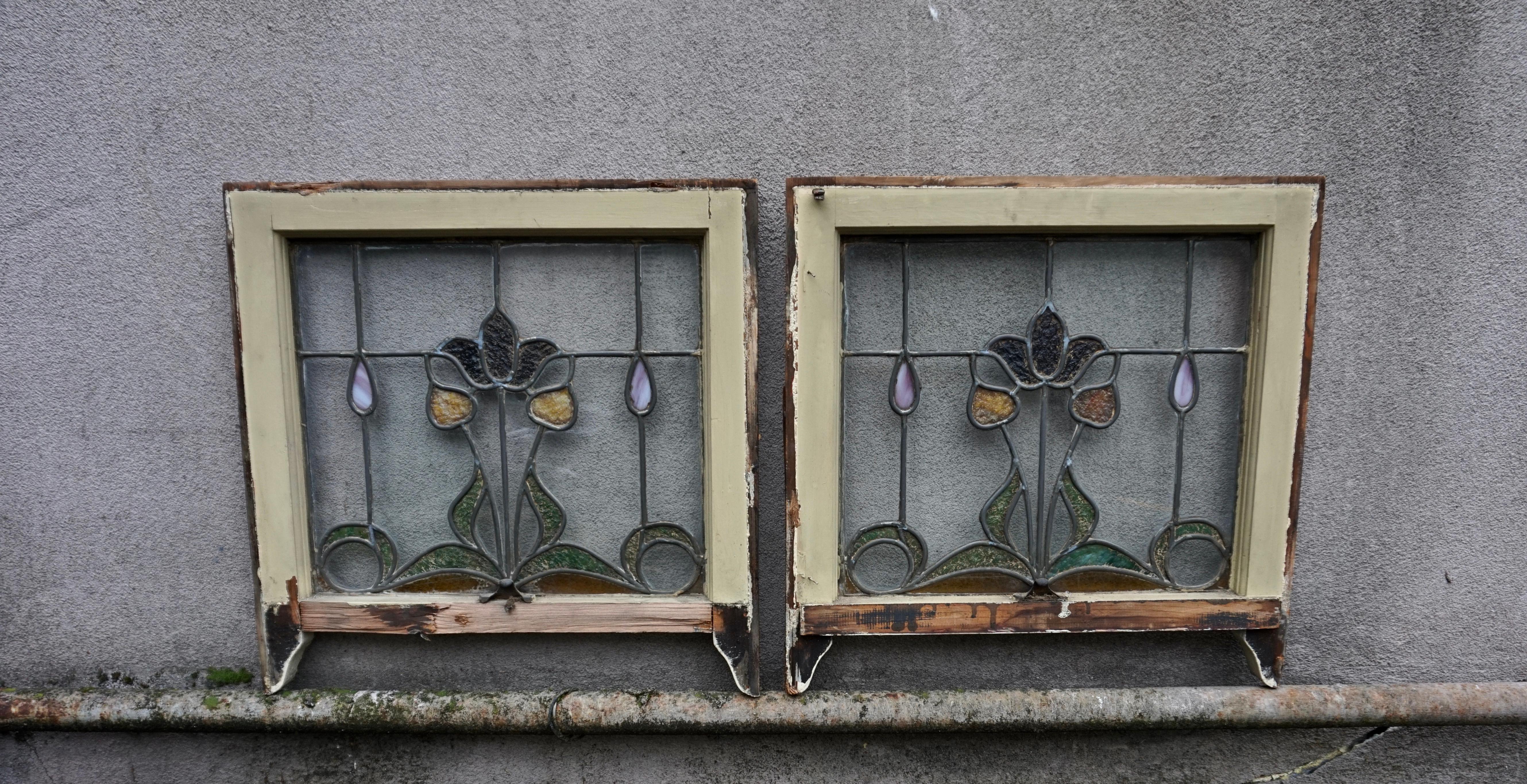 Pair Of Rare Art Nouveau Stain Glass Windows With Scrolling Tulip & Bud Motif For Sale 8