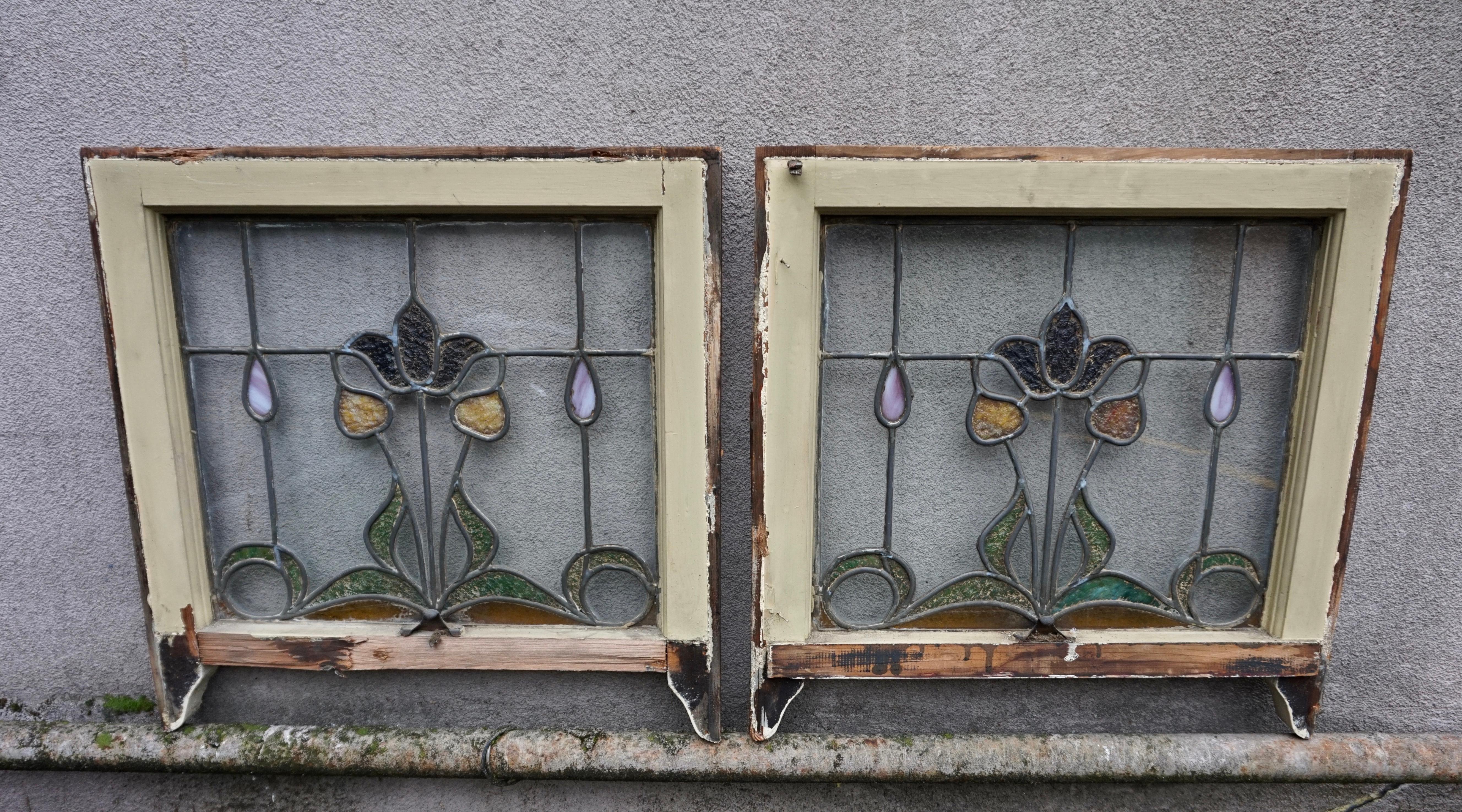 Pair Of Rare Art Nouveau Stain Glass Windows With Scrolling Tulip & Bud Motif For Sale 9