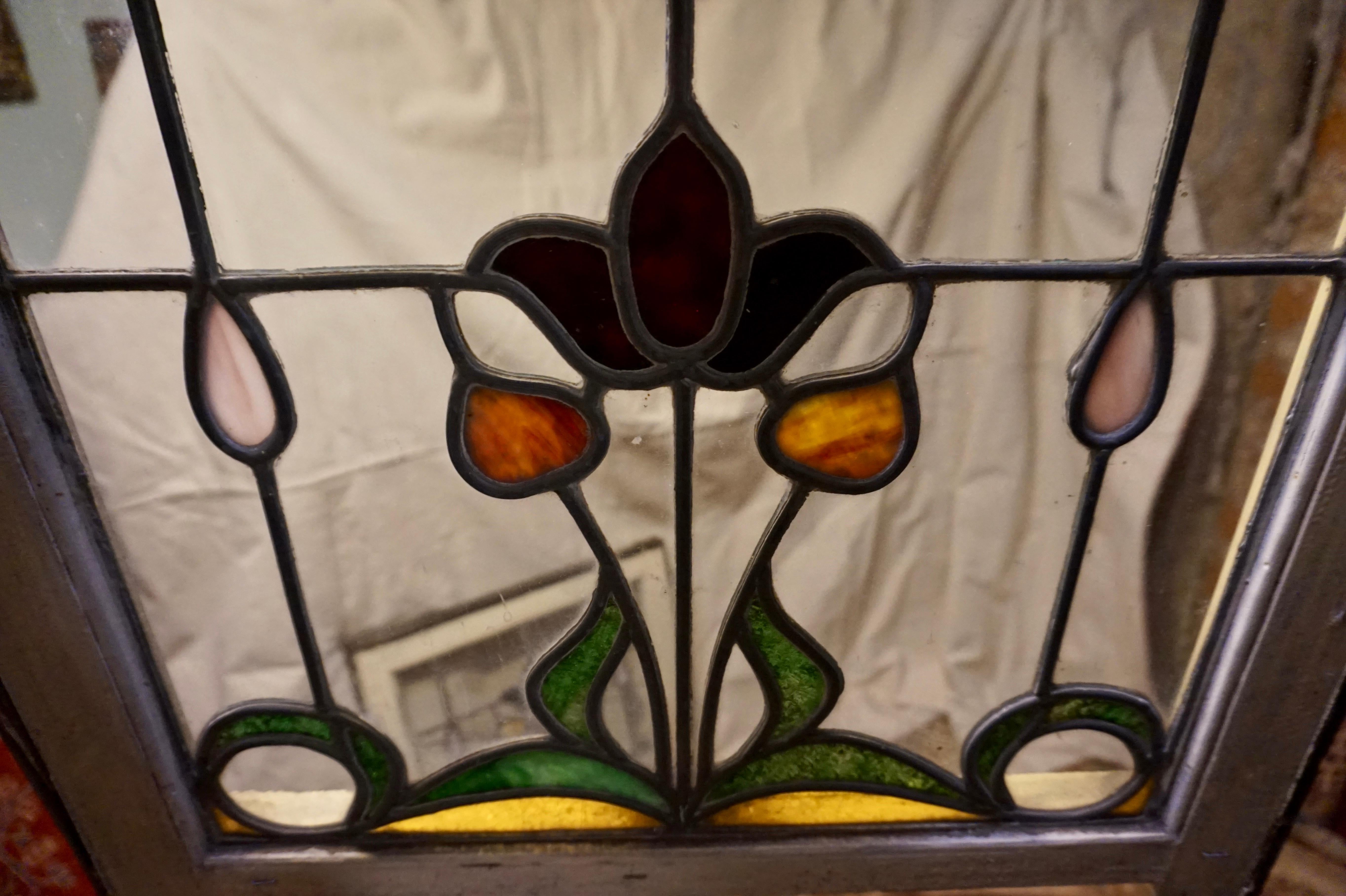 Hand-Crafted Pair Of Rare Art Nouveau Stain Glass Windows With Scrolling Tulip & Bud Motif For Sale