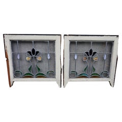 Pair Of Rare Art Nouveau Stain Glass Windows With Scrolling Tulip & Bud Motif