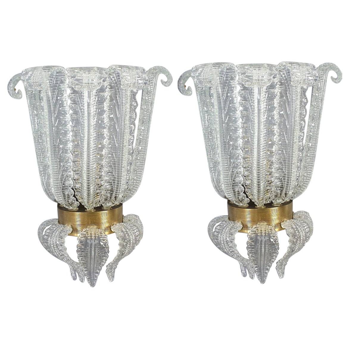 Par de  Raro Barovier Art Decó Lámparas de cristal de Murano montadas en latón 1940'