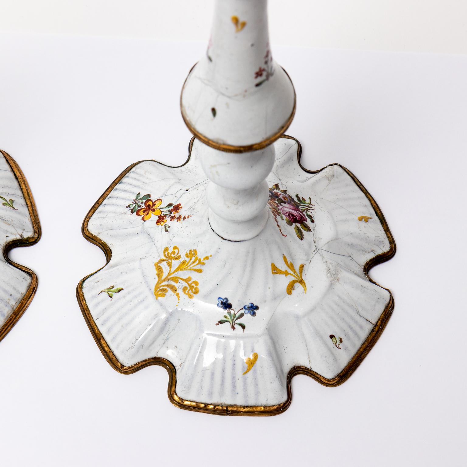 Queen Anne Pair of Rare Battersea Candlesticks For Sale