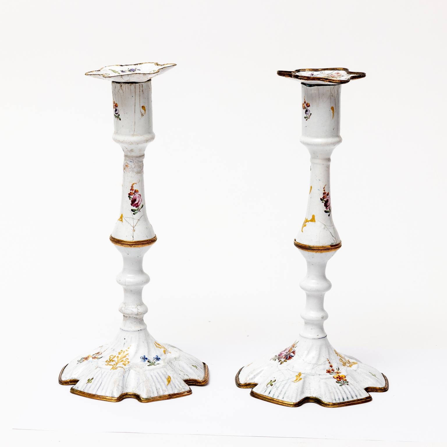 Late 18th Century Pair of Rare Battersea Candlesticks For Sale