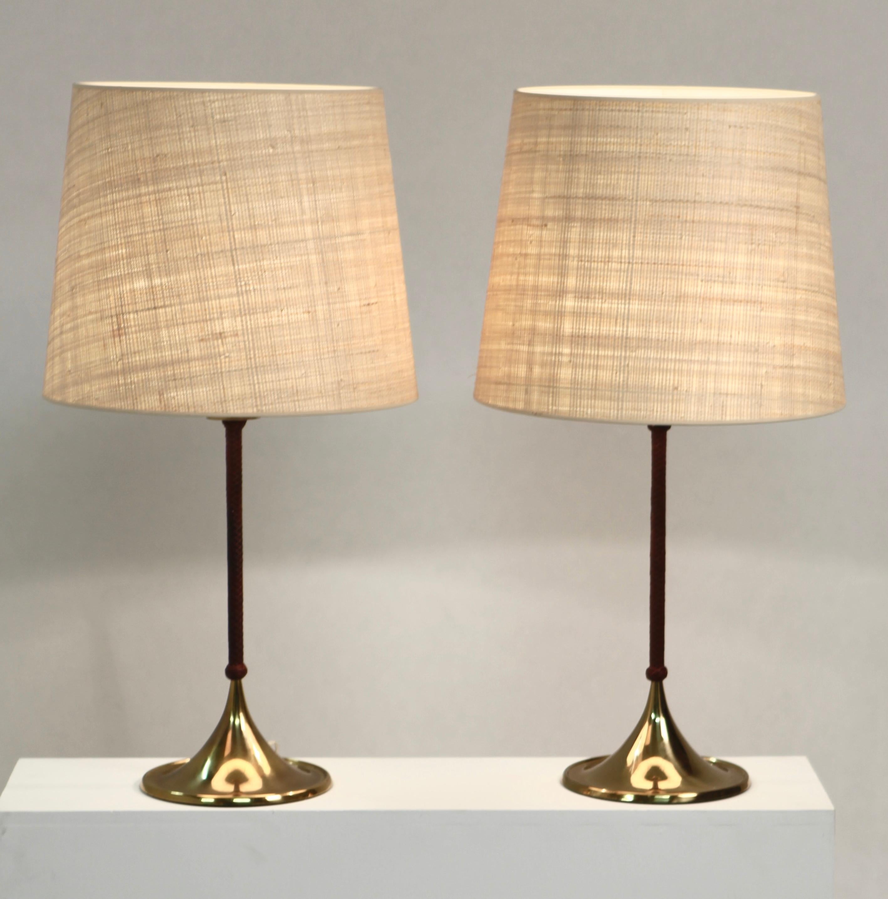 Pair of Rare Bergboms Table Lamps, B-024, Brass and Leather, Sweden, 1950s 4