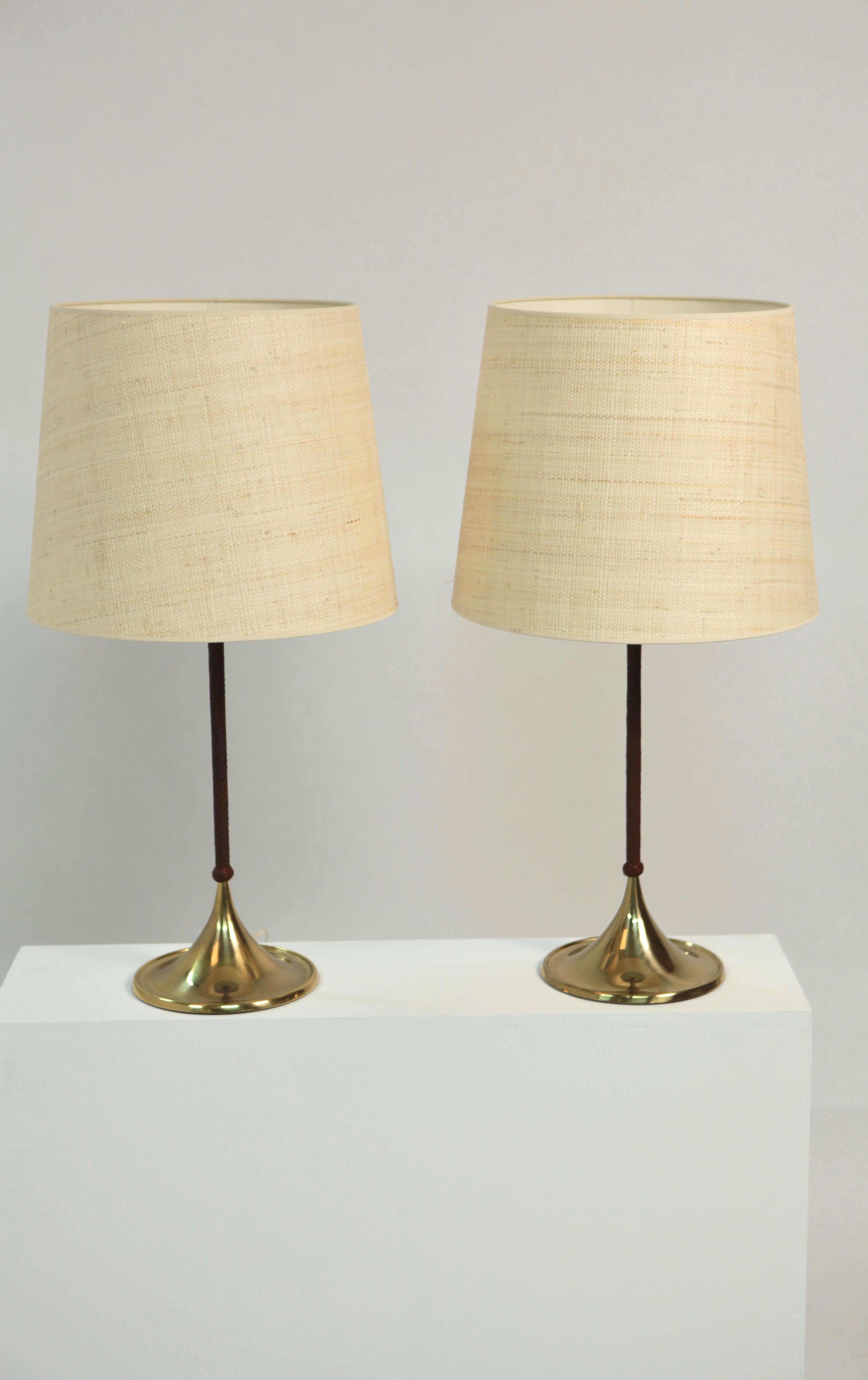 Pair of Rare Bergboms Table Lamps, B-024, Brass and Leather, Sweden, 1950s 3