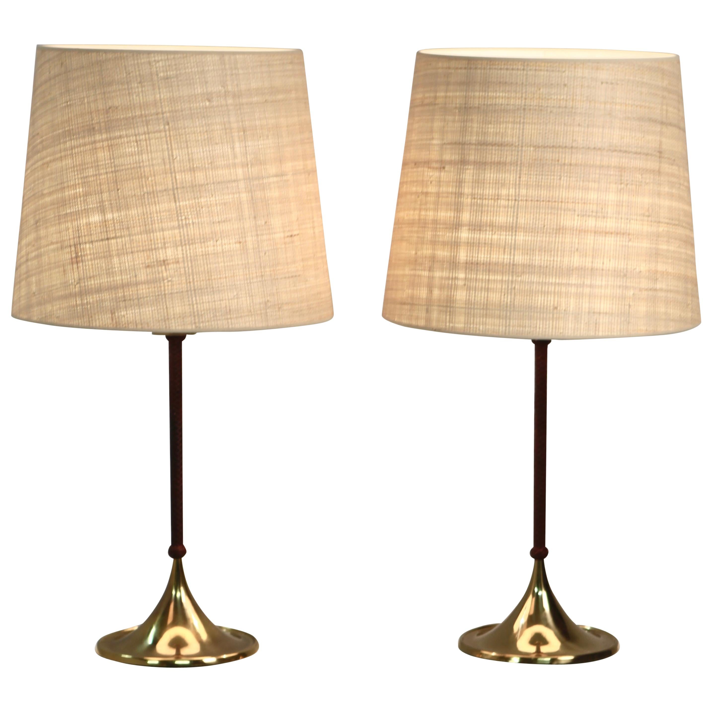 Pair of Rare Bergboms Table Lamps, B-024, Brass and Leather, Sweden, 1950s