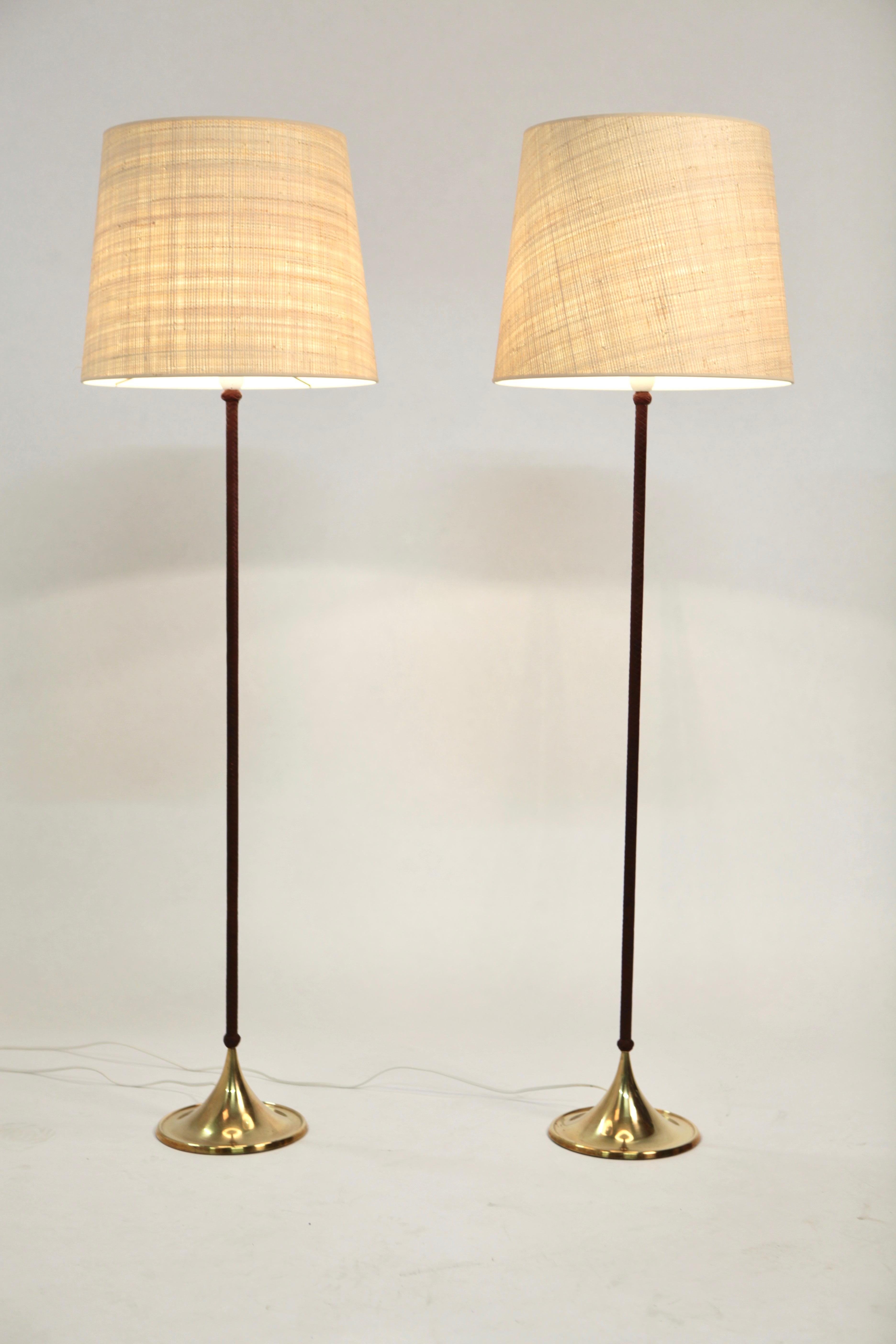 Pair of Rare Bergboms Floor Lamps, G-025, Brass and Leather, Sweden, 1950s In Good Condition In Berlin, DE