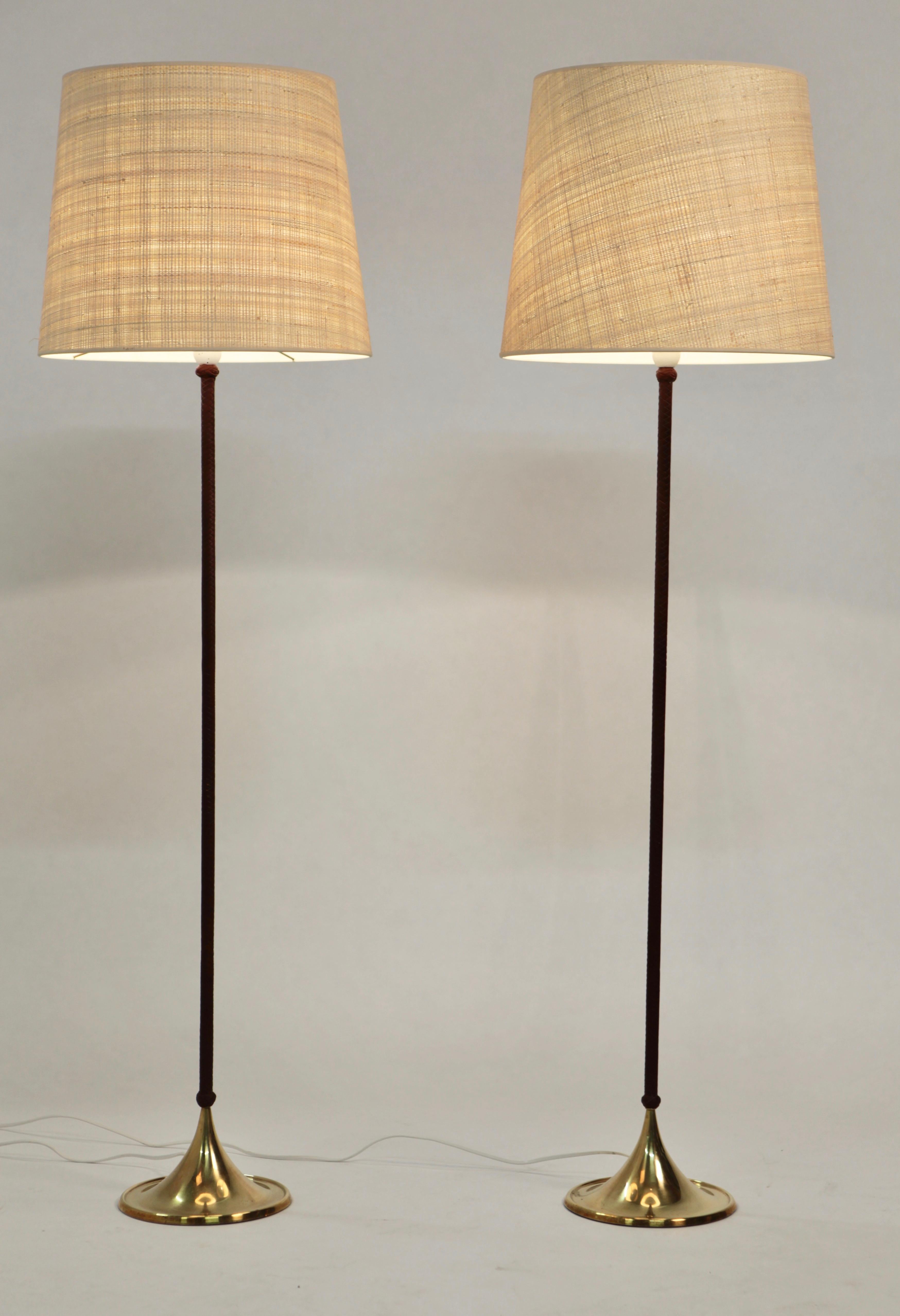 Mid-20th Century Pair of Rare Bergboms Floor Lamps, G-025, Brass and Leather, Sweden, 1950s