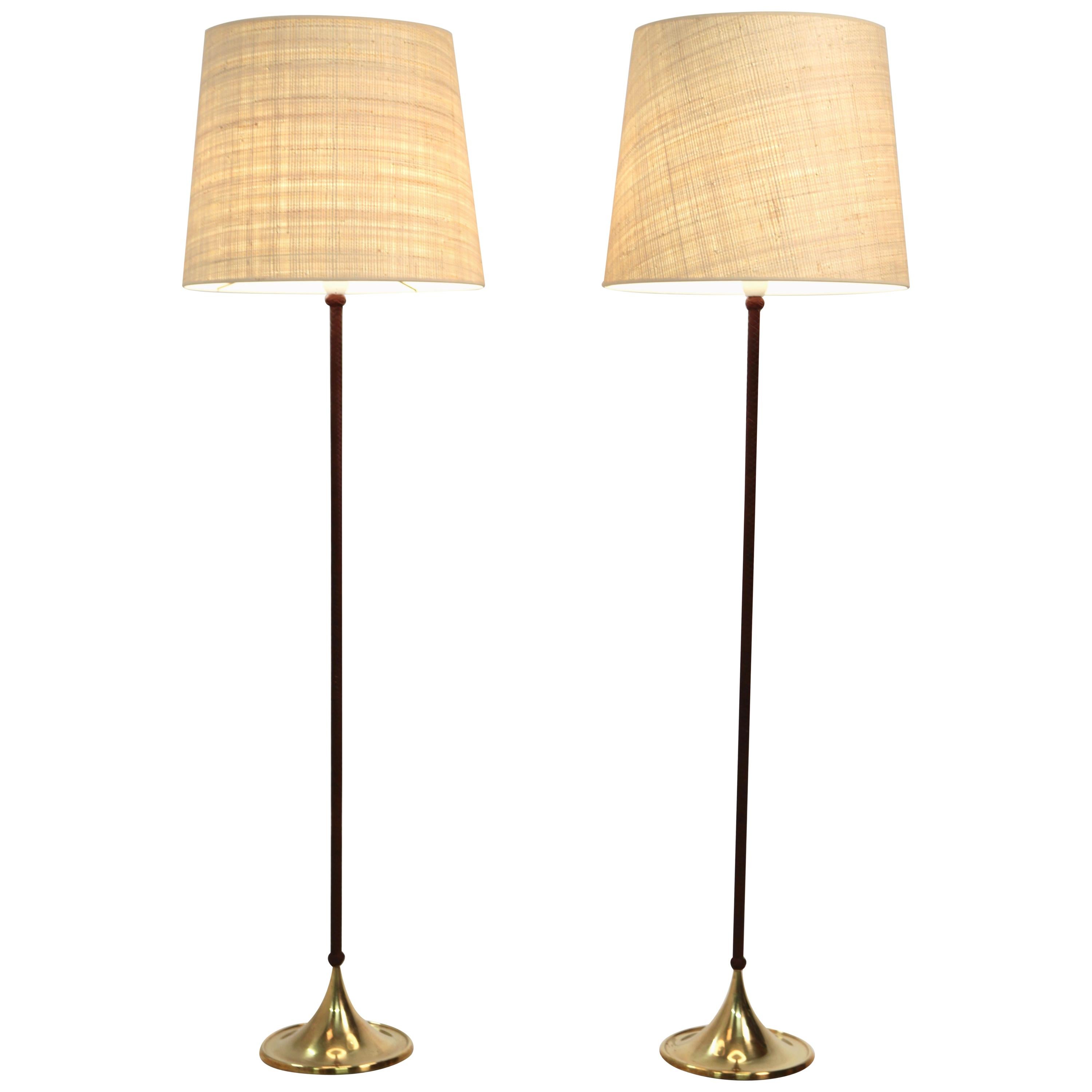 Pair of Rare Bergboms Floor Lamps, G-025, Brass and Leather, Sweden, 1950s