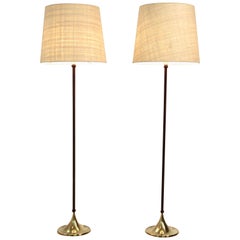 Pair of Rare Bergboms Floor Lamps, G-025, Brass and Leather, Sweden, 1950s