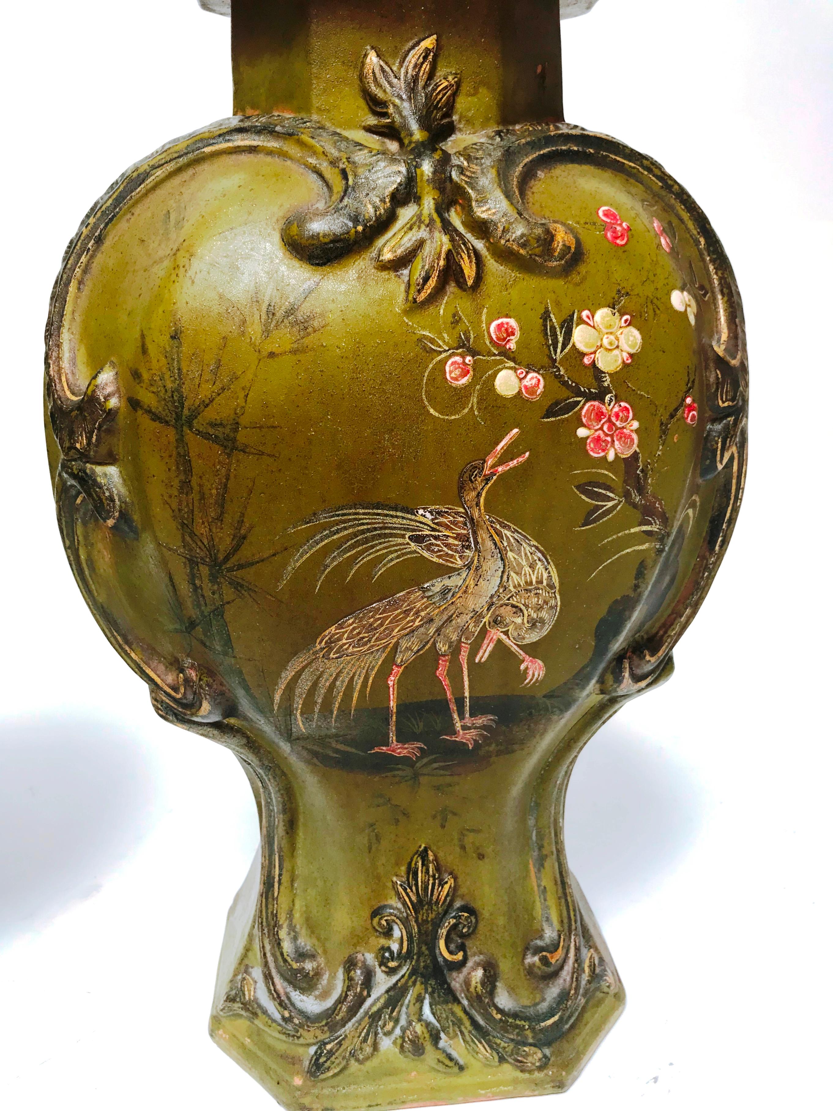 German Pair of Rare Biedermeier Lacquered Berlin Faience Garniture Vases and Covers For Sale