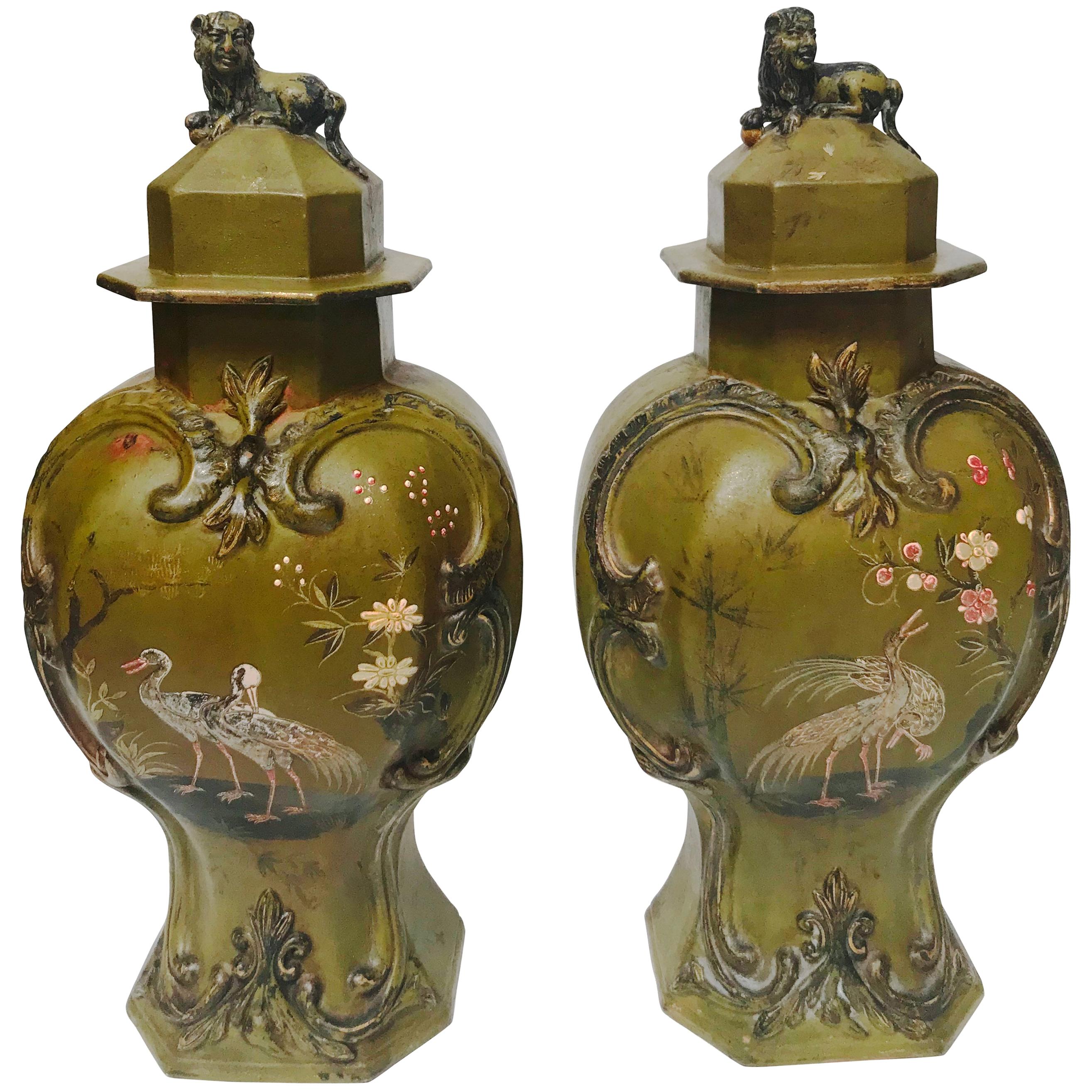 Pair of Rare Biedermeier Lacquered Berlin Faience Garniture Vases and Covers For Sale