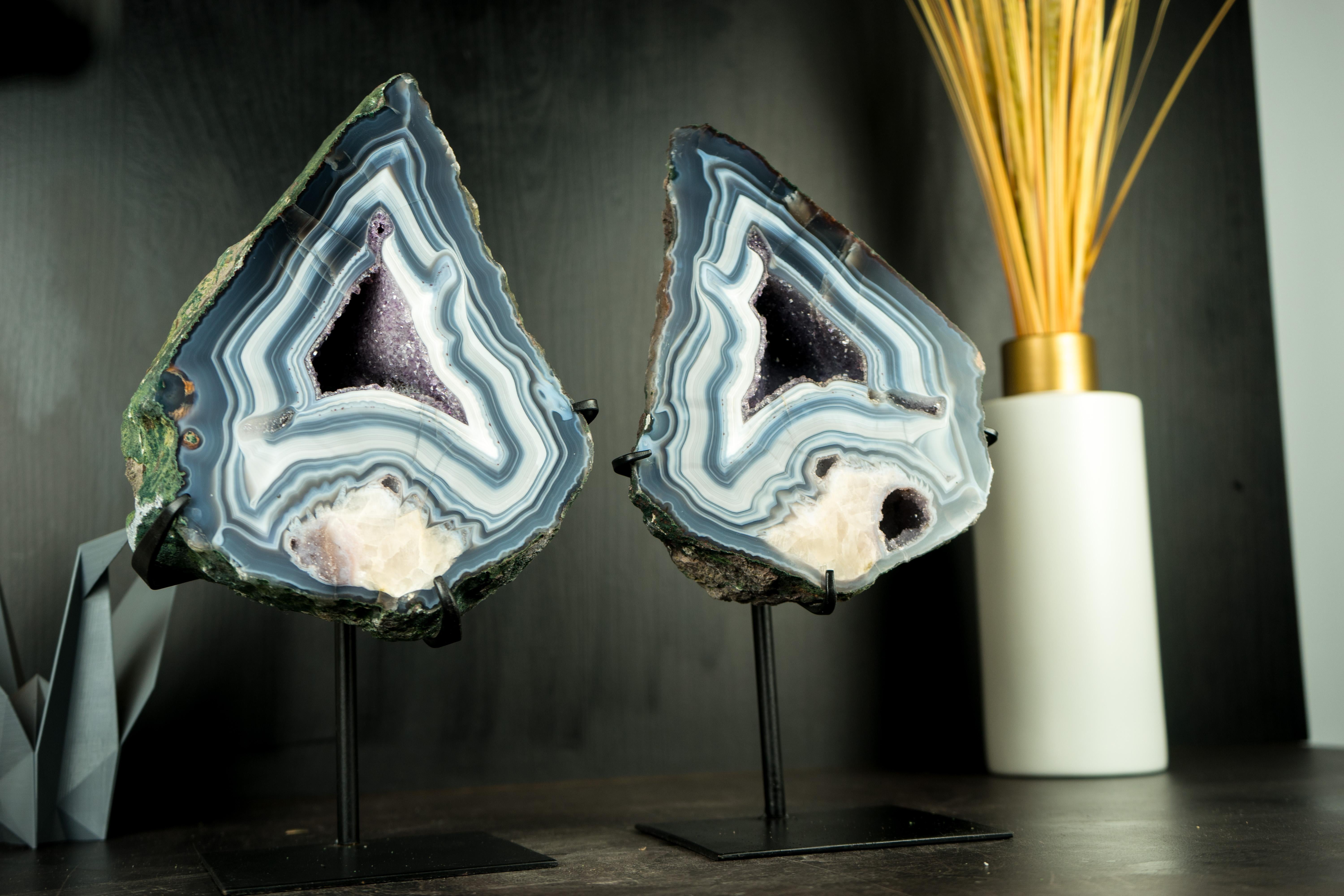 Pair of Rare Blue Lace Agate Geodes, Gallery-Grade with Calcite Flower Inclusion For Sale 5