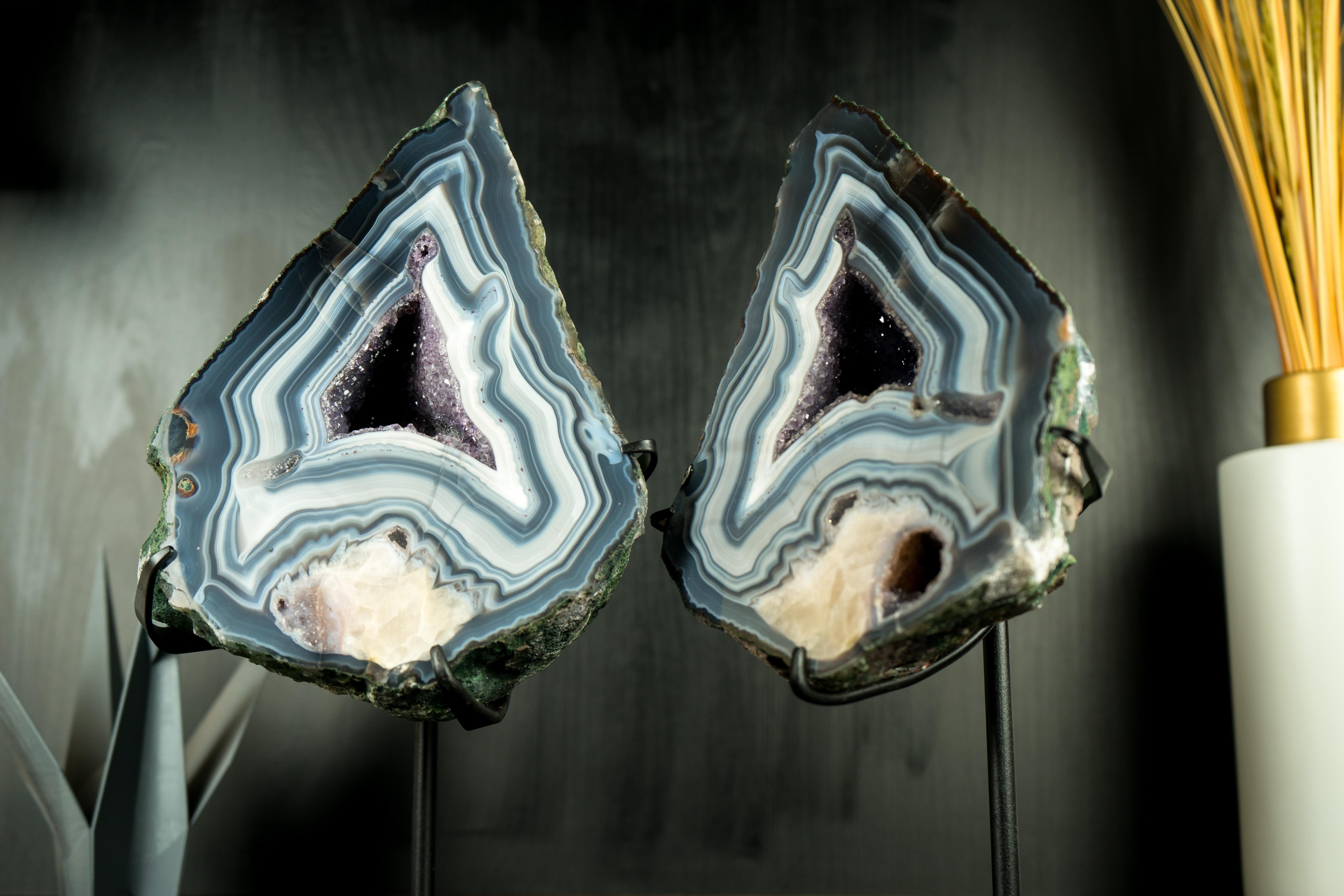 Brazilian Pair of Rare Blue Lace Agate Geodes, Gallery-Grade with Calcite Flower Inclusion For Sale