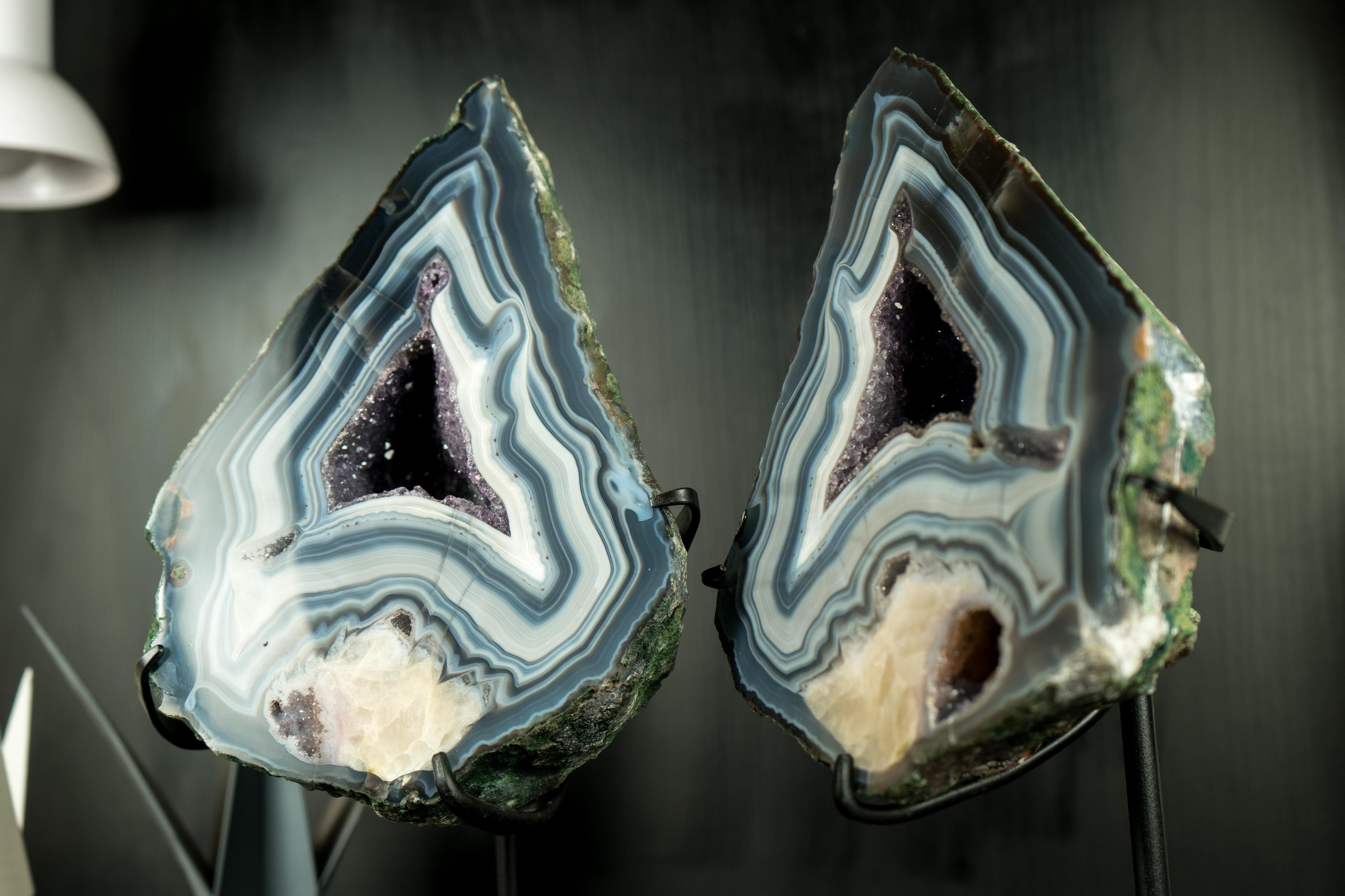 Contemporary Pair of Rare Blue Lace Agate Geodes, Gallery-Grade with Calcite Flower Inclusion For Sale