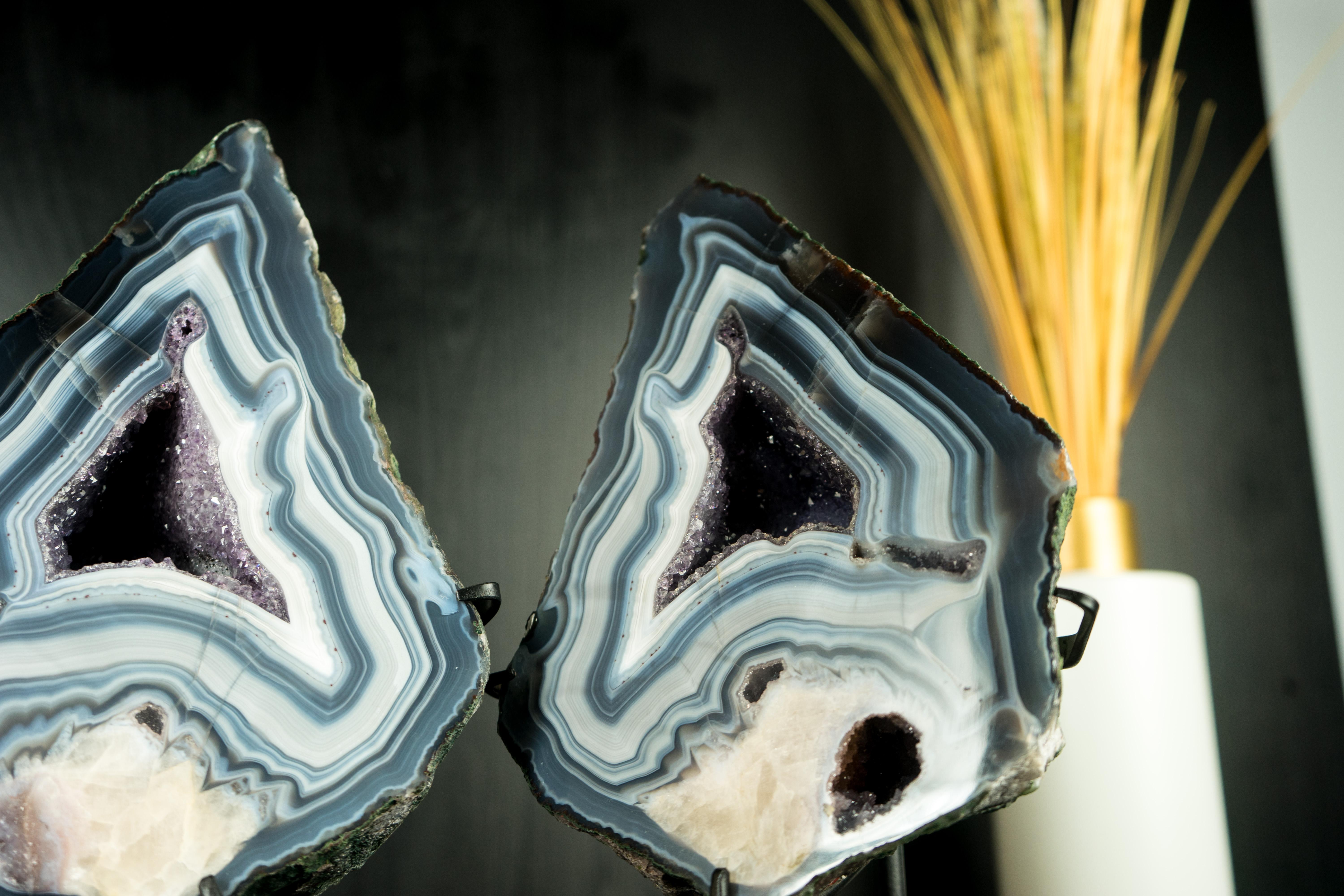 Pair of Rare Blue Lace Agate Geodes, Gallery-Grade with Calcite Flower Inclusion For Sale 1