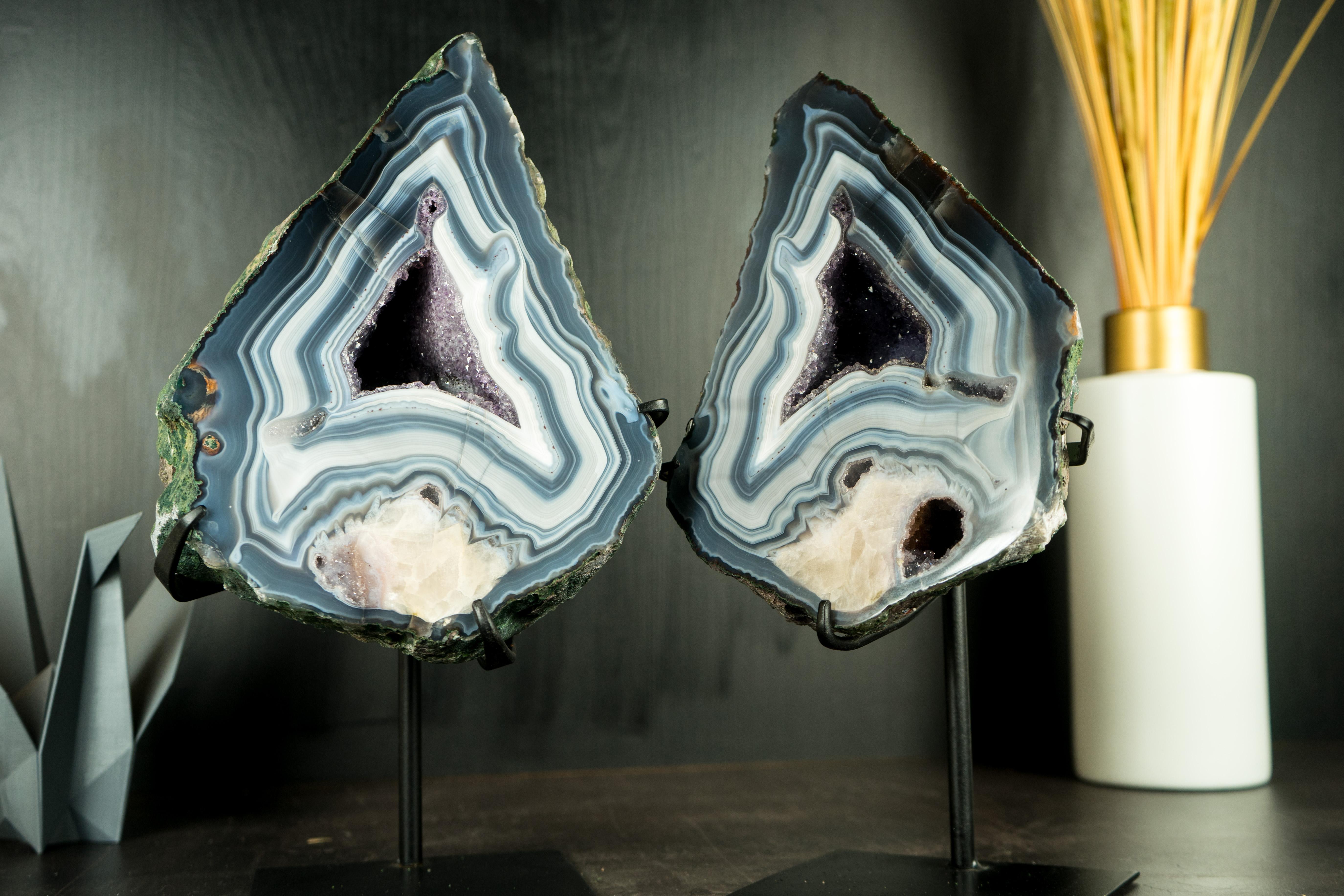 Pair of Rare Blue Lace Agate Geodes, Gallery-Grade with Calcite Flower Inclusion For Sale 2