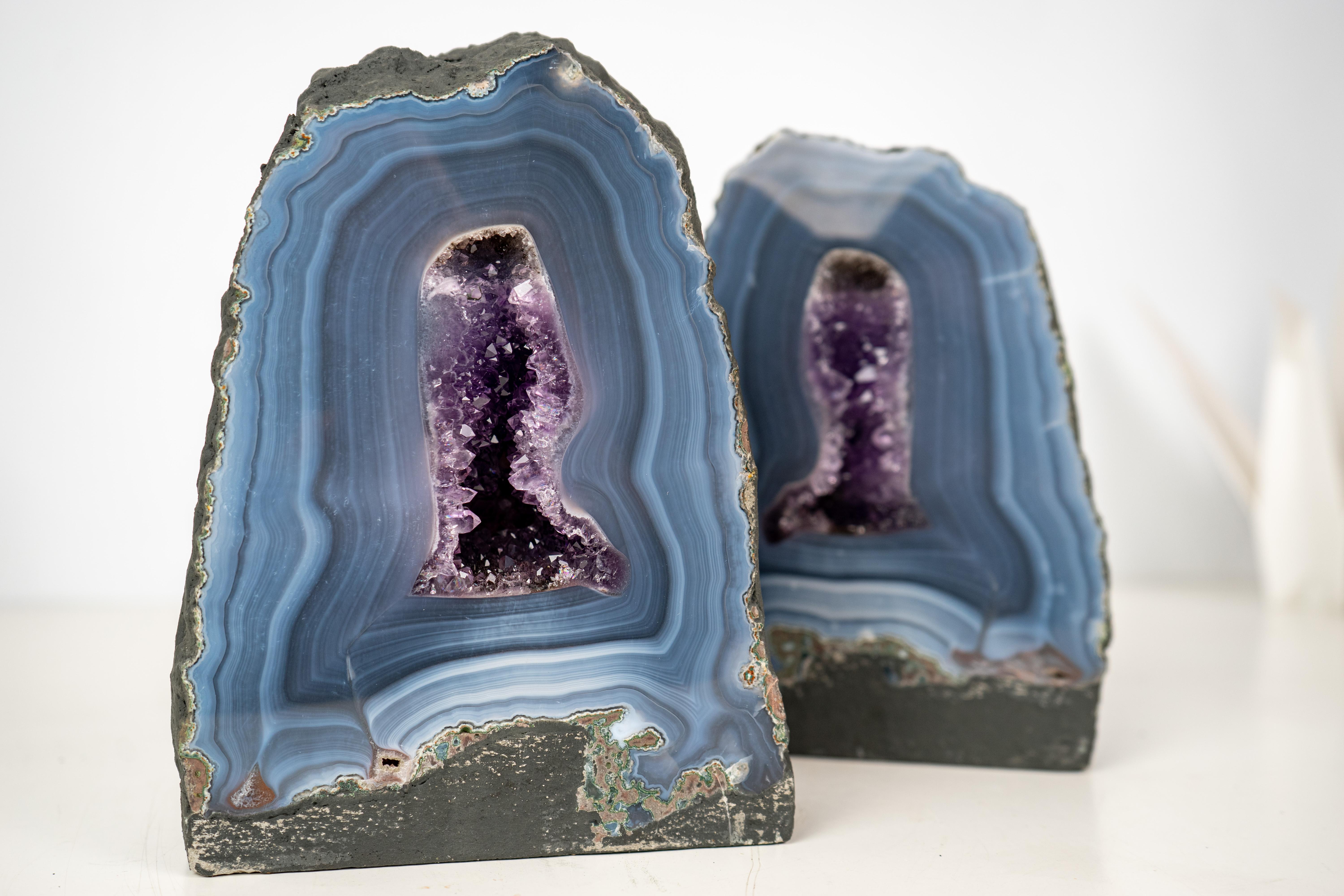 Contemporary Pair of Rare Blue Lace Agate Geodes with Delicate Striped Pattern For Sale