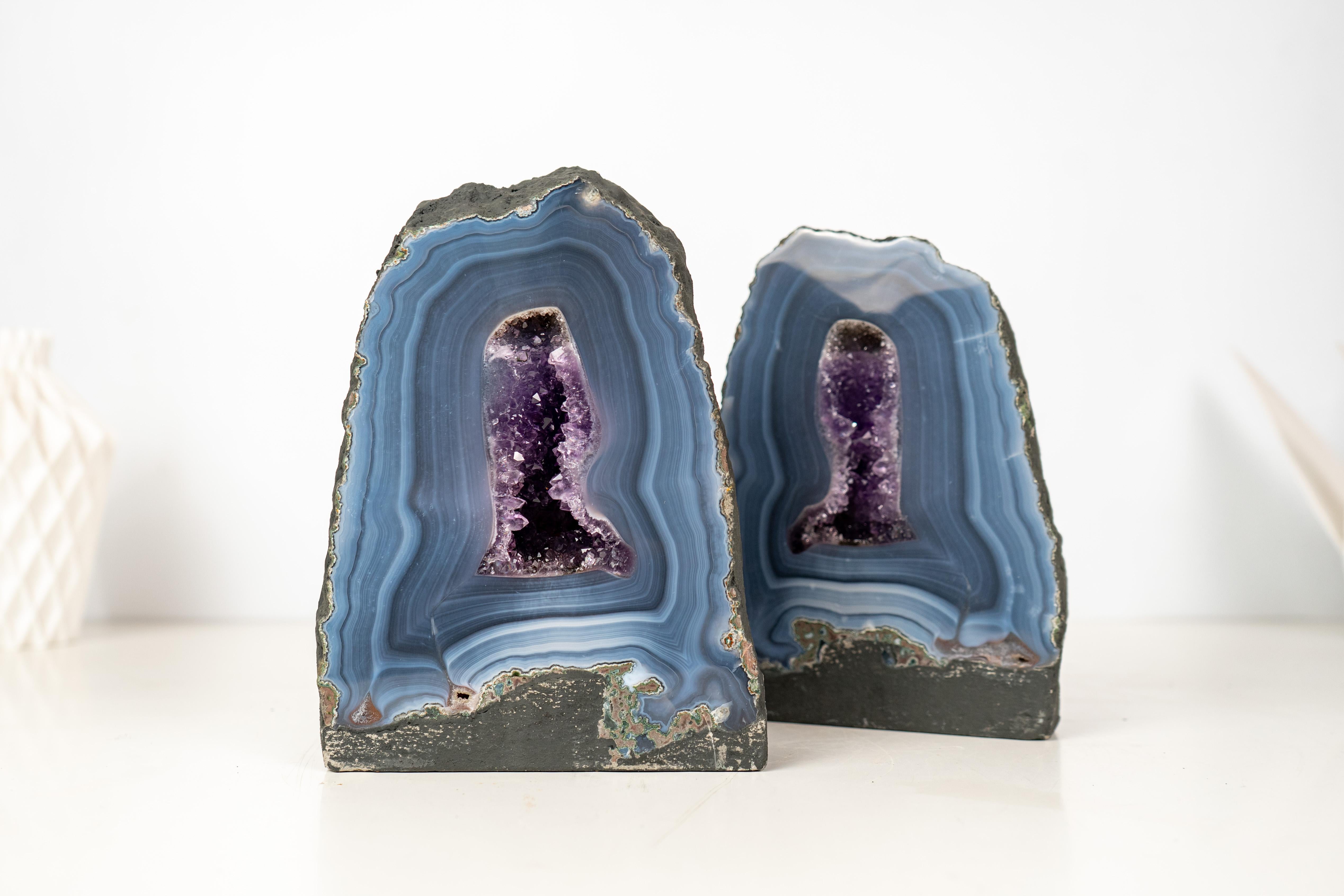Crystal Pair of Rare Blue Lace Agate Geodes with Delicate Striped Pattern For Sale