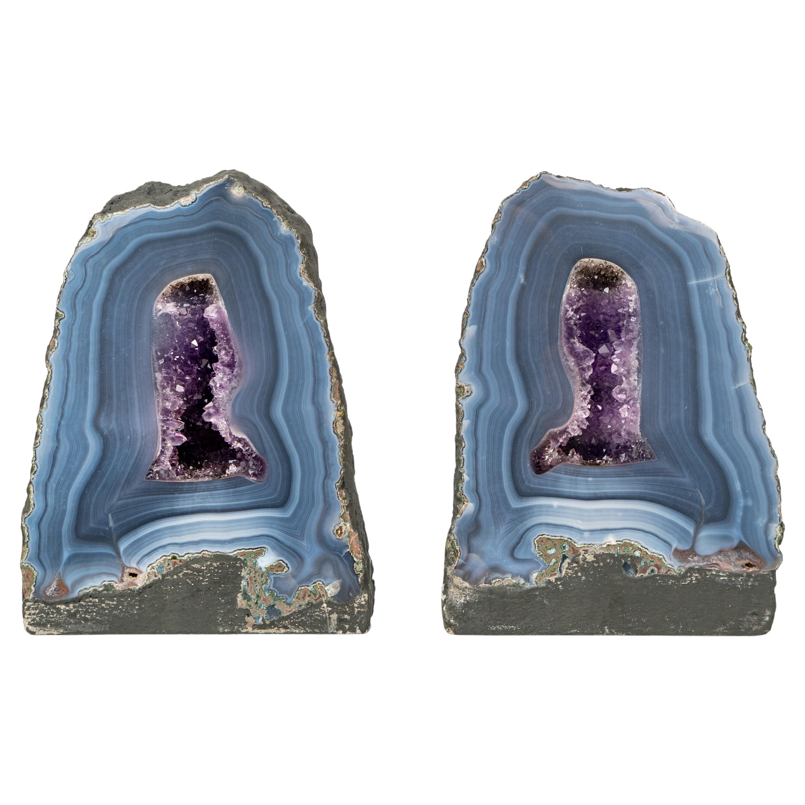 Pair of Rare Blue Lace Agate Geodes with Delicate Striped Pattern