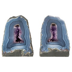 Pair of Rare Blue Lace Agate Geodes with Delicate Striped Pattern
