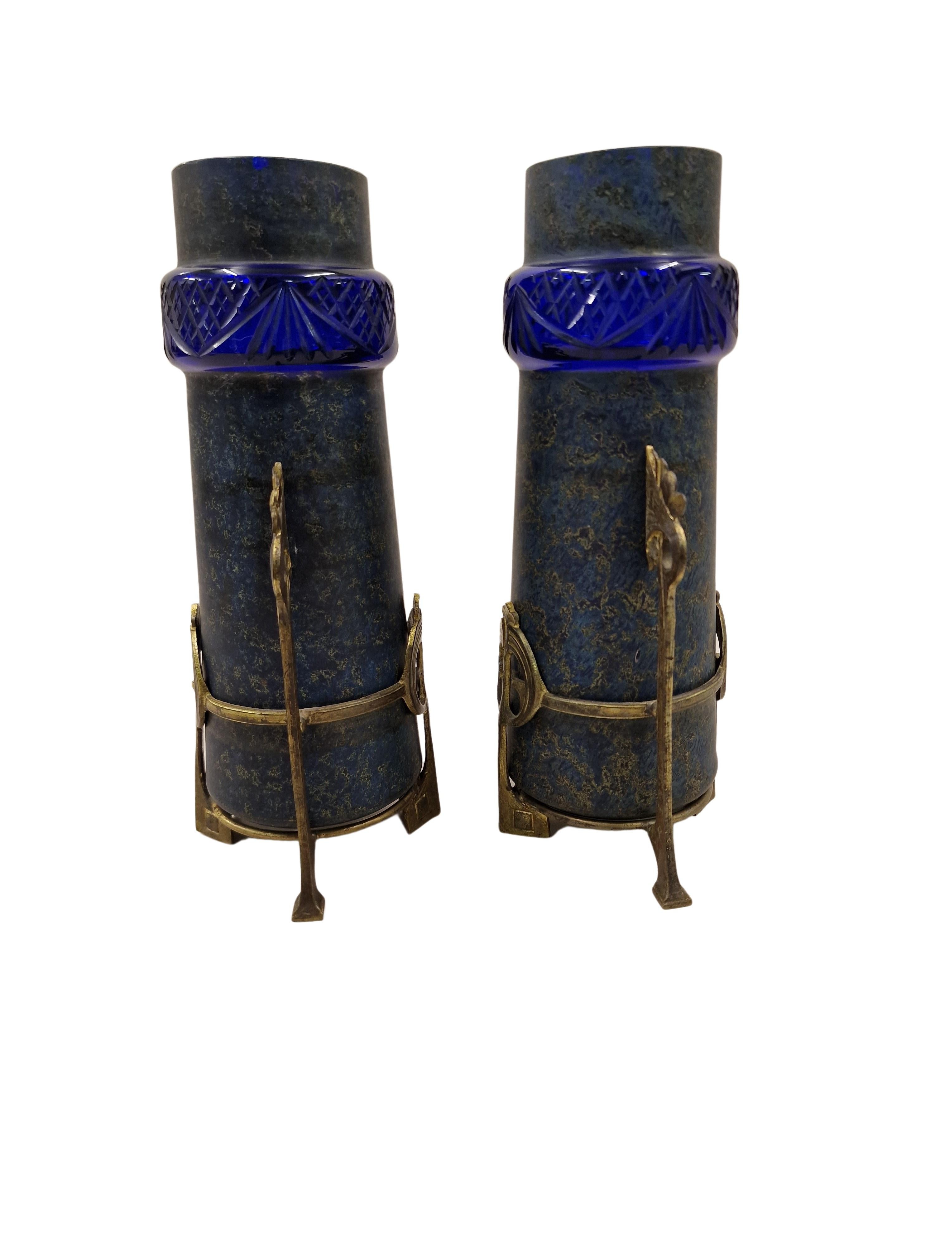 Two superb bronze mounted glass vases, around 1900. 

These excellent pieces are of high craftmenship, unfortunately they are not attributable, most likely Bohemian, possibly manufacture Lambert. 
The glass body is made in a special technique, a