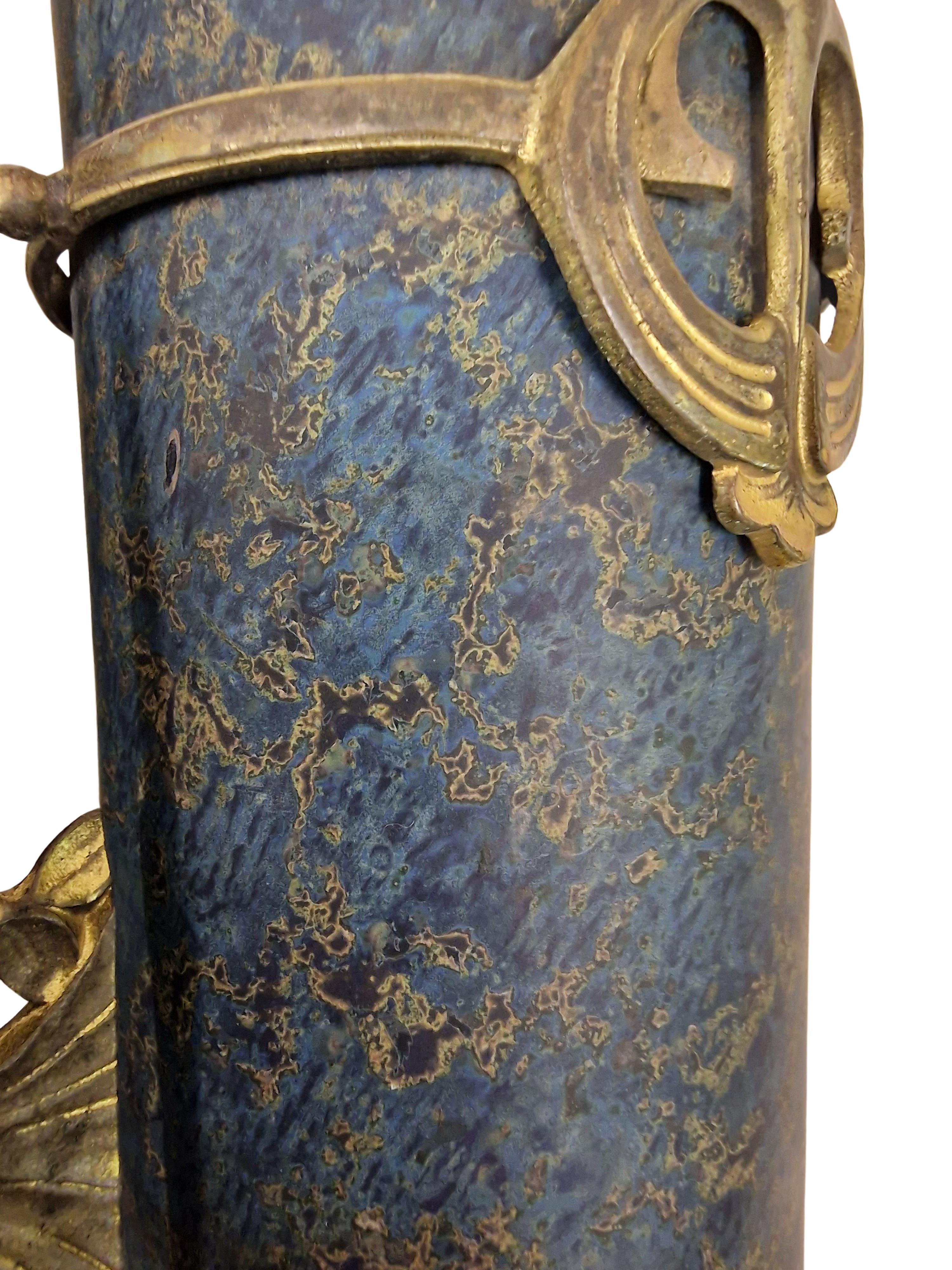 Czech Stunning Pair of Blue Vases, Glass, Bronze, circa 1900, Jugendstil / Art Nouveau