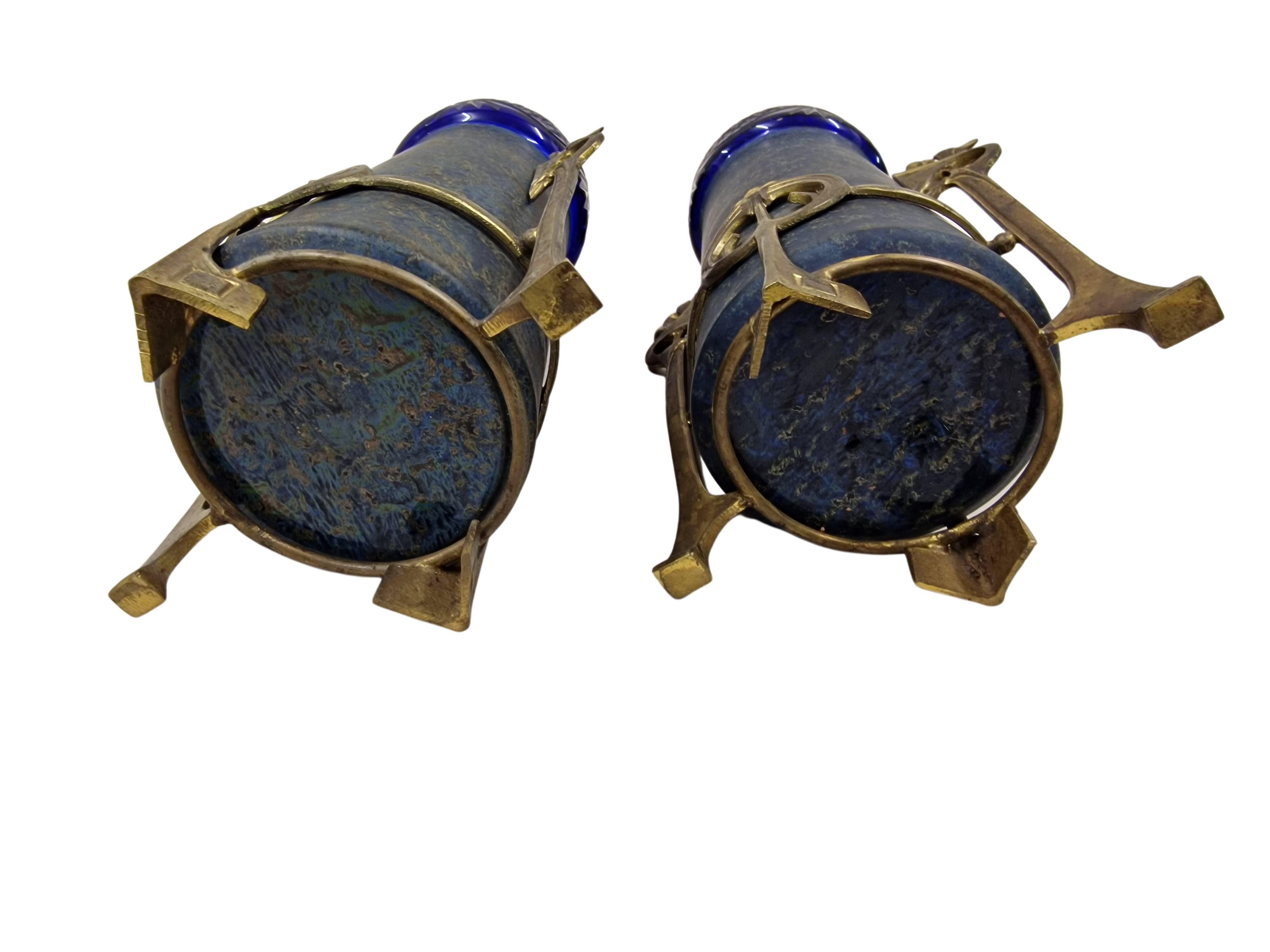 Early 20th Century Stunning Pair of Blue Vases, Glass, Bronze, circa 1900, Jugendstil / Art Nouveau