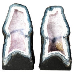 Pair of Rare Blue & White Lace Agate Cathedral Geodes