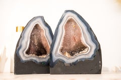 Pair of Rare Blue & White Lace Agate Geodes with Delicate Striped Pattern