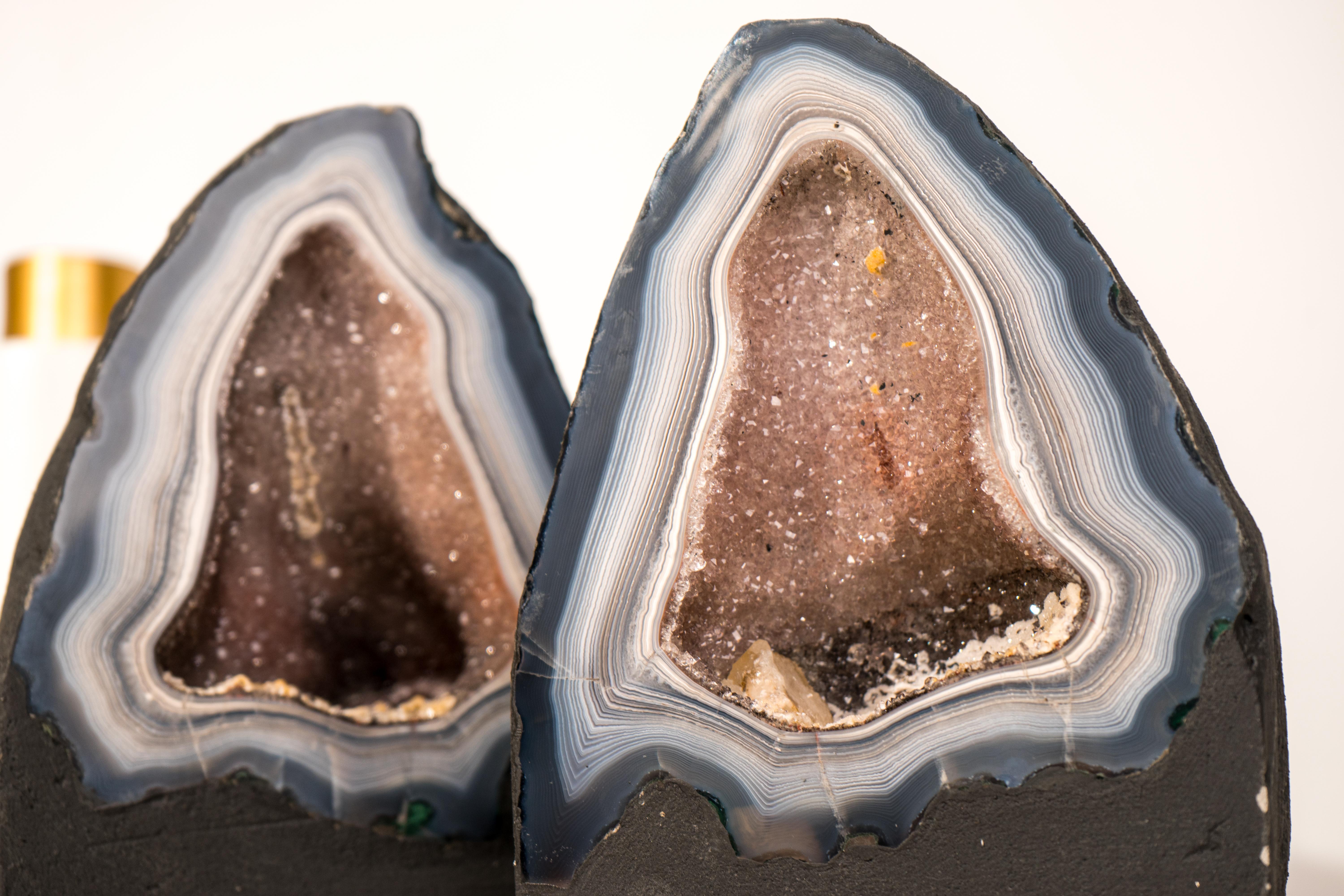 Brazilian Pair of Rare Blue & White Lace Agate Geodes with Delicate Striped Pattern For Sale