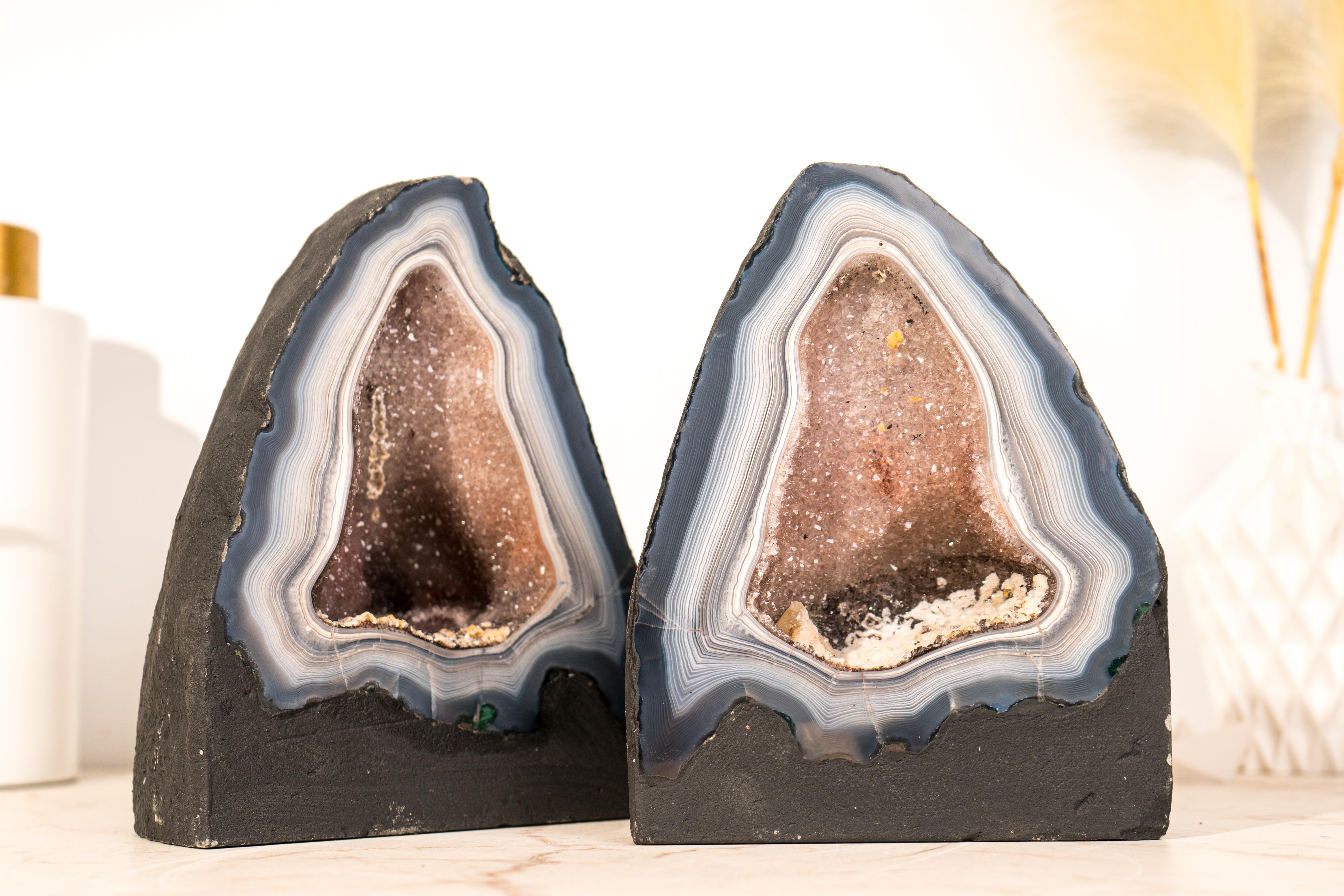 Contemporary Pair of Rare Blue & White Lace Agate Geodes with Delicate Striped Pattern For Sale