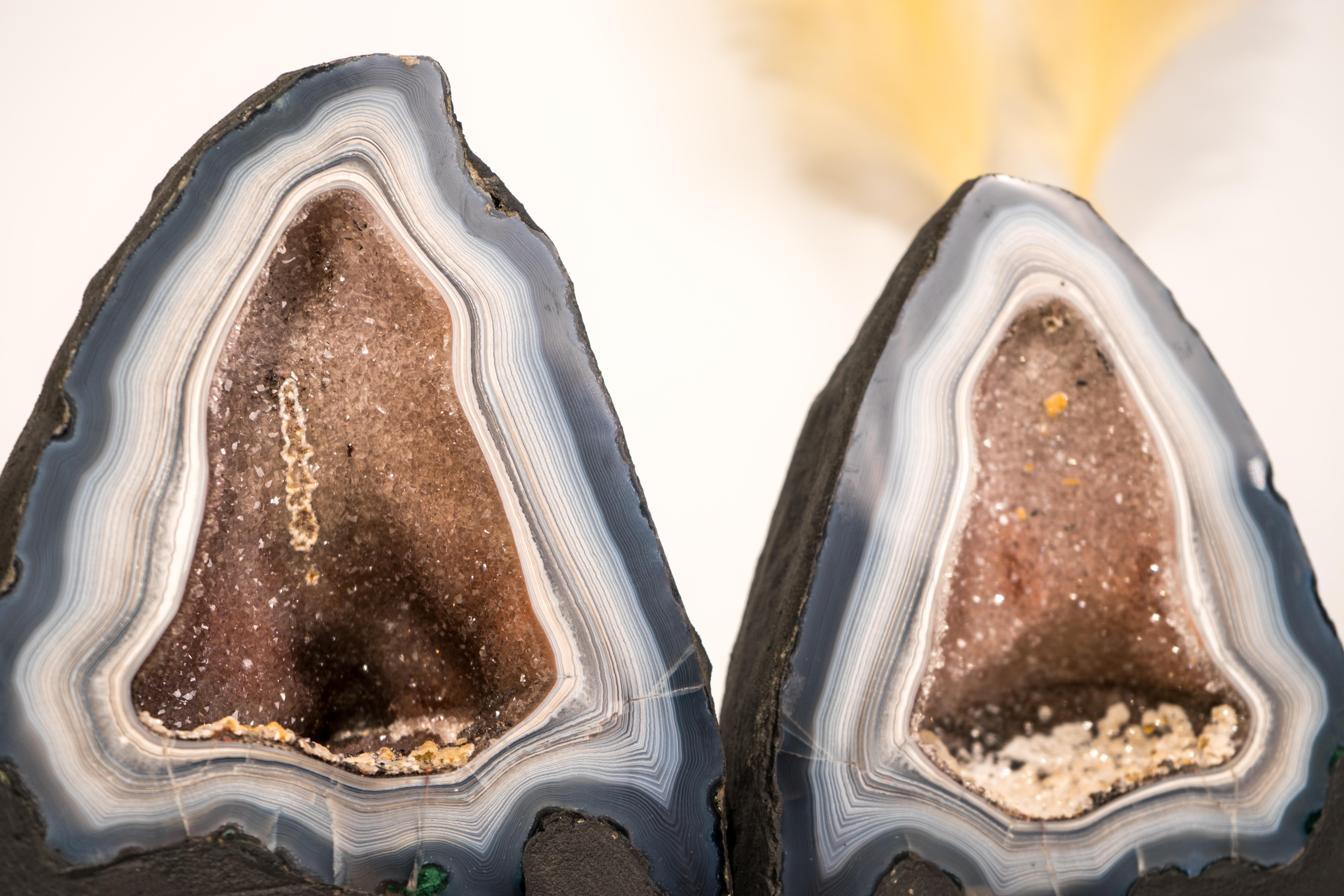 Crystal Pair of Rare Blue & White Lace Agate Geodes with Delicate Striped Pattern For Sale