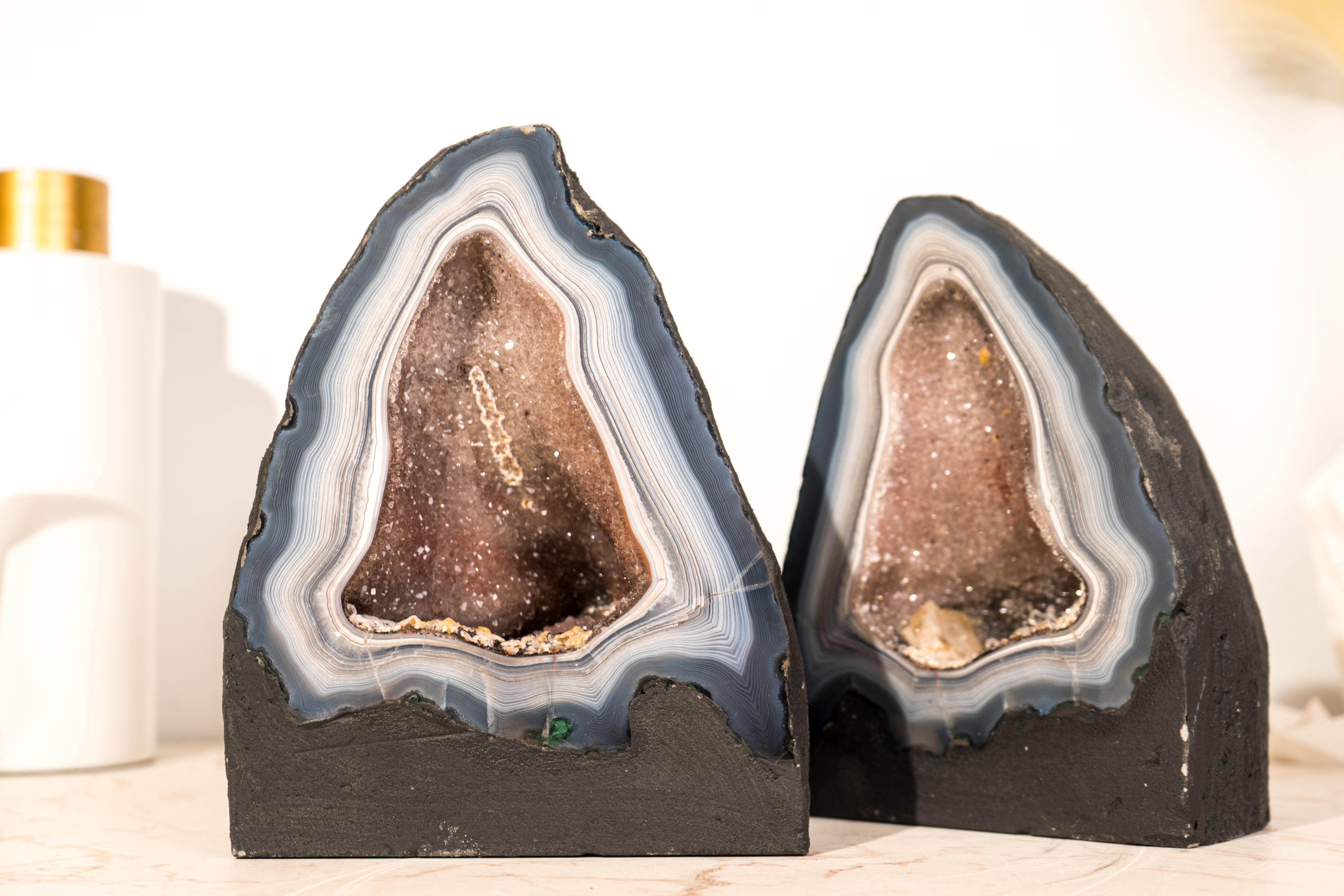 Pair of Rare Blue & White Lace Agate Geodes with Delicate Striped Pattern For Sale 1